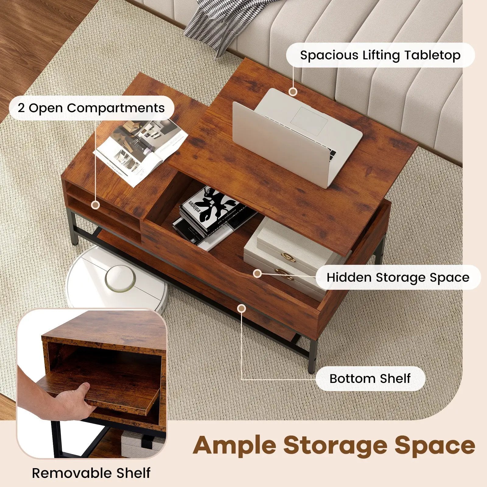 Lift Top Coffee Table with Hidden Compartment and Removable Storage Shelf-Rustic Brown by DirectDeals