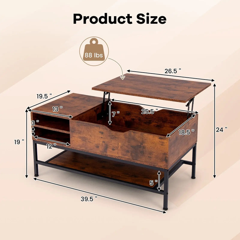 Lift Top Coffee Table with Hidden Compartment and Removable Storage Shelf-Rustic Brown by DirectDeals