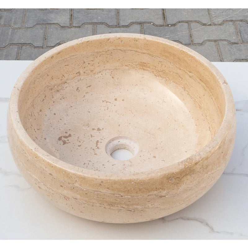 Light Beige Travertine Natural Stone Vessel Sink Filled and Polished (D)16" (H)6" by GobekDesign