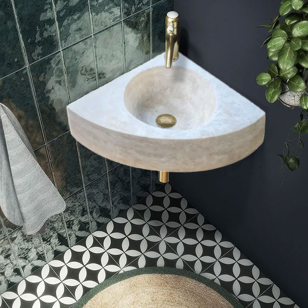Light Beige Travertine Handcrafted Vessel Corner Sink Wall Mount 15.7 x 15.7 by GobekDesign