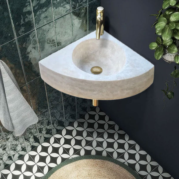 Light Beige Travertine Handcrafted Vessel Corner Sink Wall Mount 15.7 x 15.7