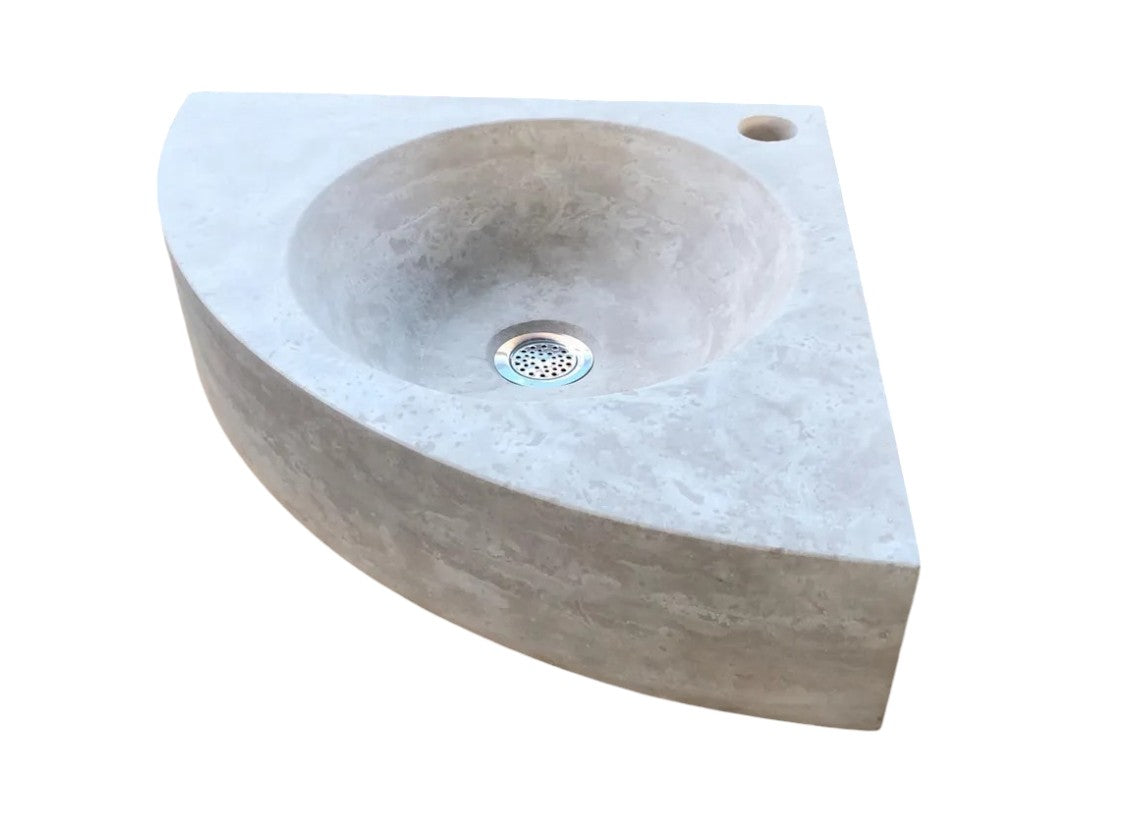 Light Beige Travertine Handcrafted Vessel Corner Sink Wall Mount 15.7 x 15.7 by GobekDesign