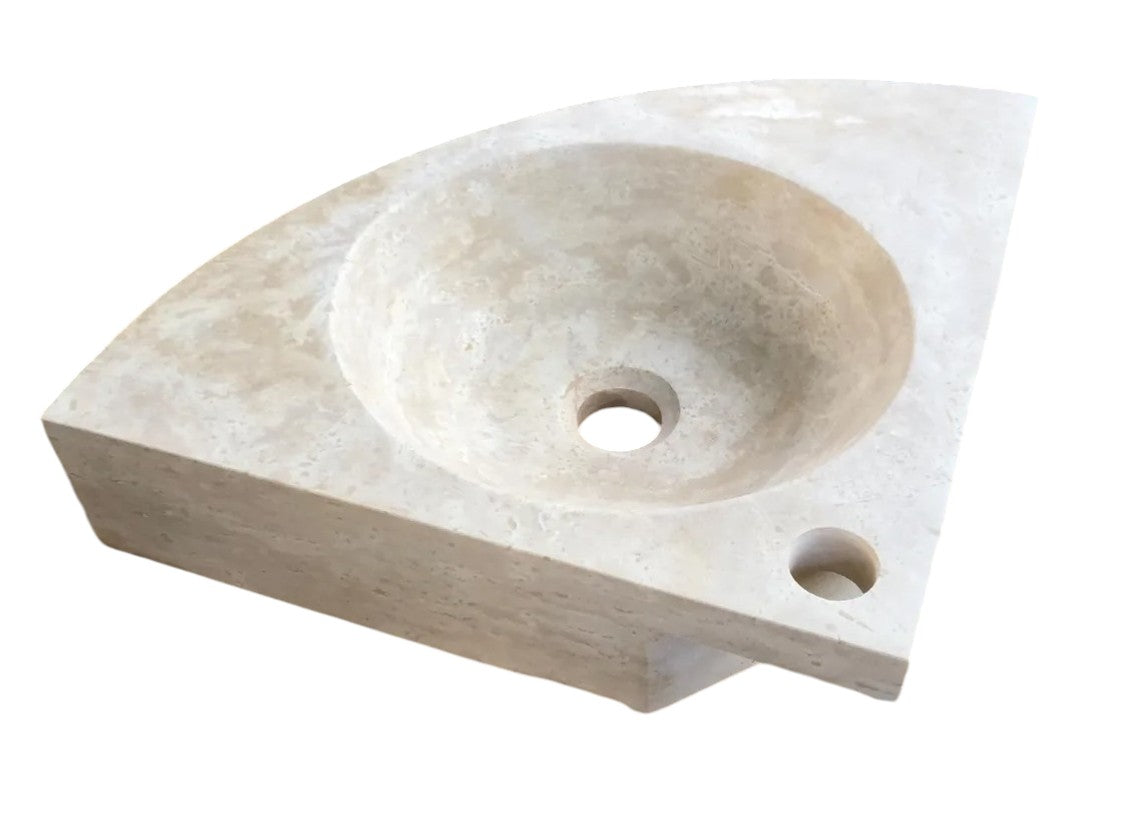 Light Beige Travertine Handcrafted Vessel Corner Sink Wall Mount 15.7 x 15.7 by GobekDesign