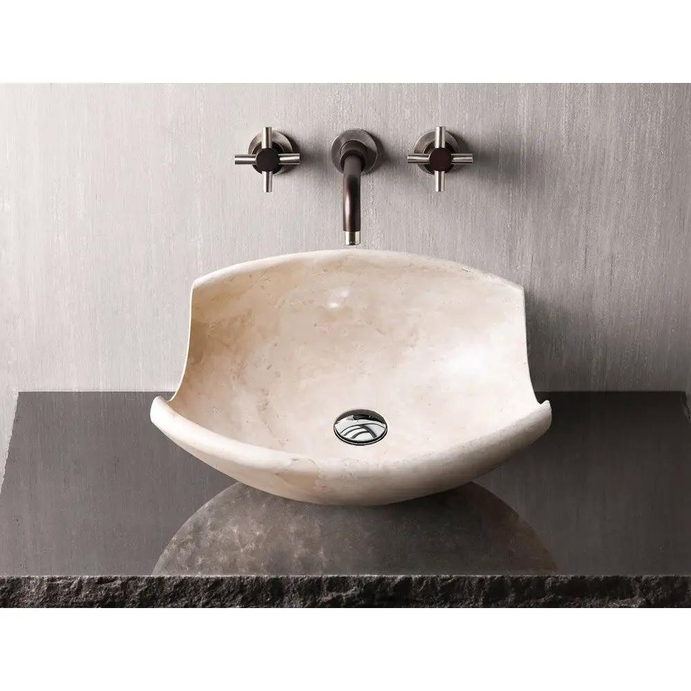 Travertine Natural Stone Vessel Sink Bowl Light Beige 16x16x6 by GobekDesign