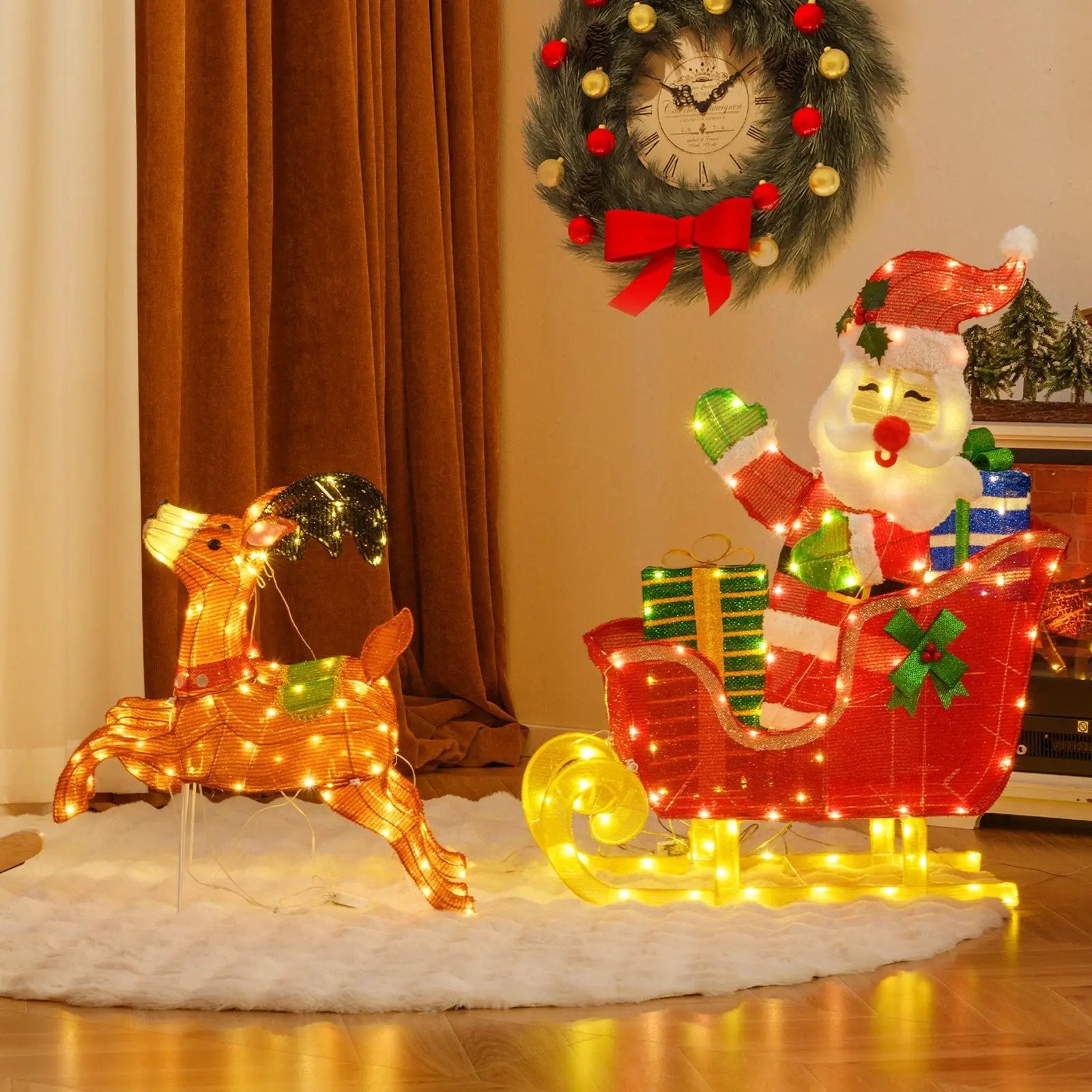 Lighted Christmas Santa on Sleigh with Reindeer and LED Lights by DirectDeals