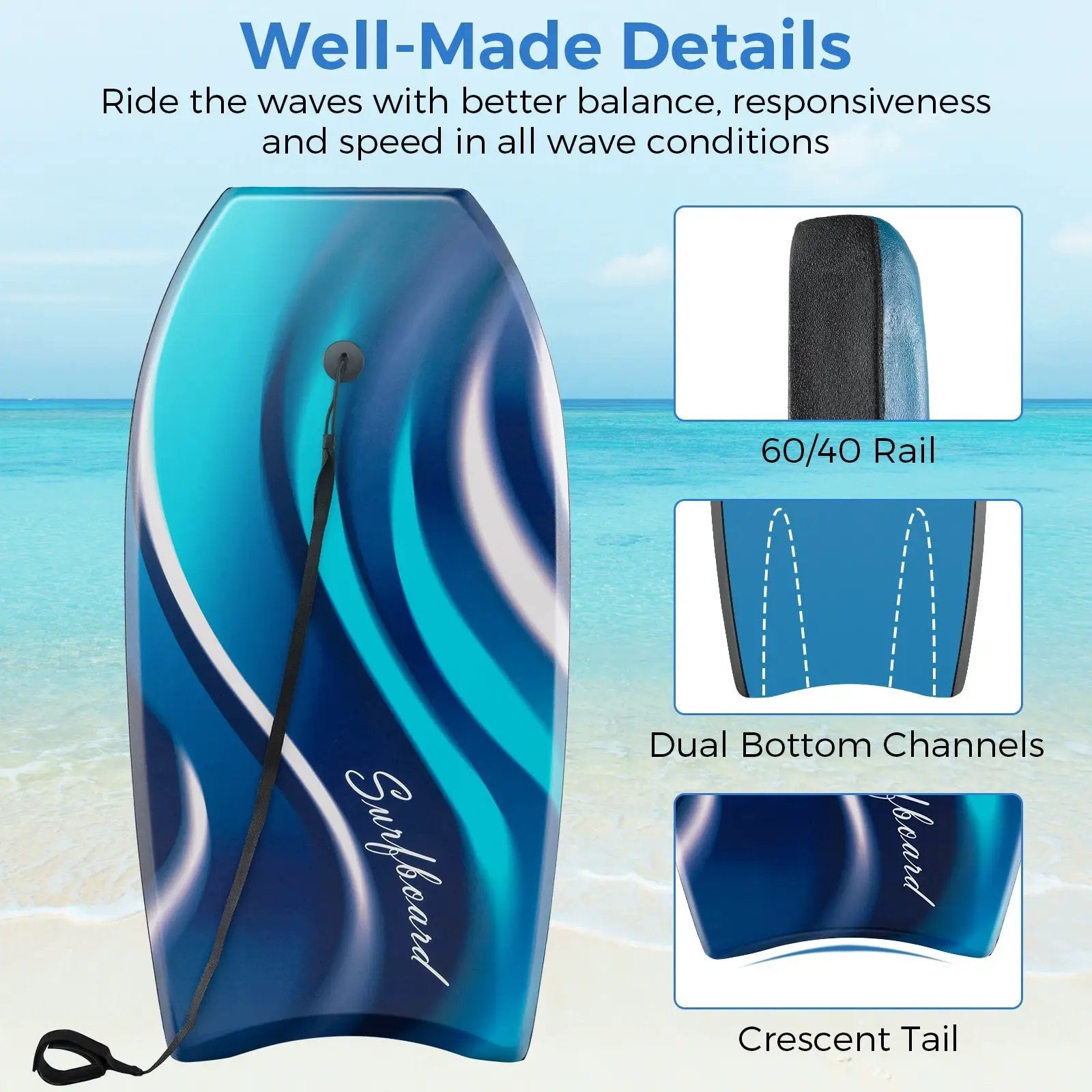 33/37/41 Inches Lightweight Body Board Boogie Board with EPS Core XPE Deck HDPE Bottom by DirectDeals