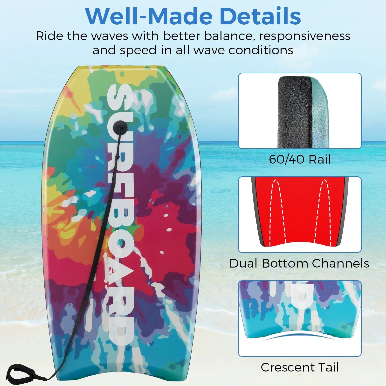 33/37/41 Inches Lightweight Body Board Boogie Board with EPS Core XPE Deck HDPE Bottom Multicolor1 by DirectDeals