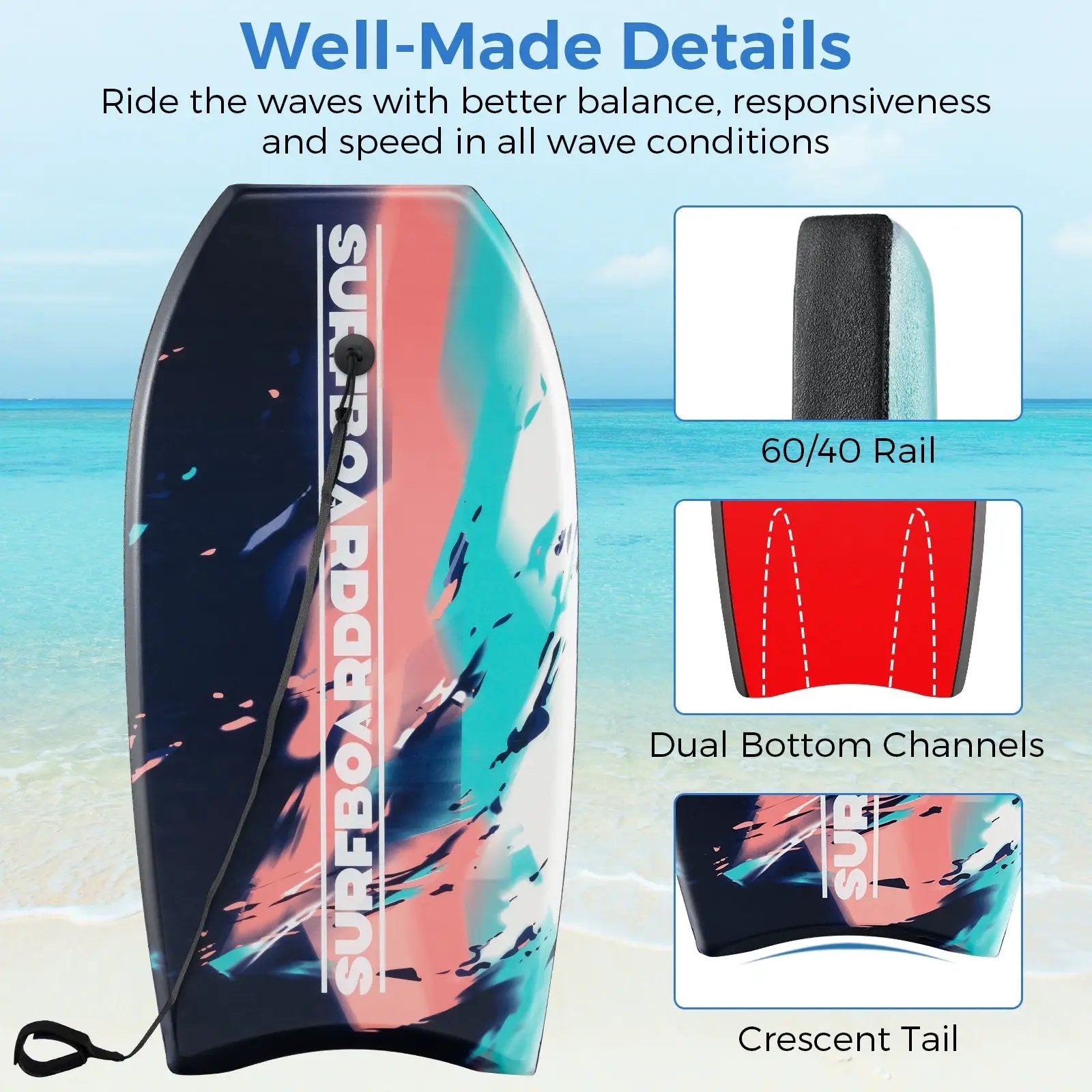 33/37/41 Inches Lightweight Body Board Boogie Board with EPS Core XPE Deck HDPE Bottom Multicolor2 by DirectDeals