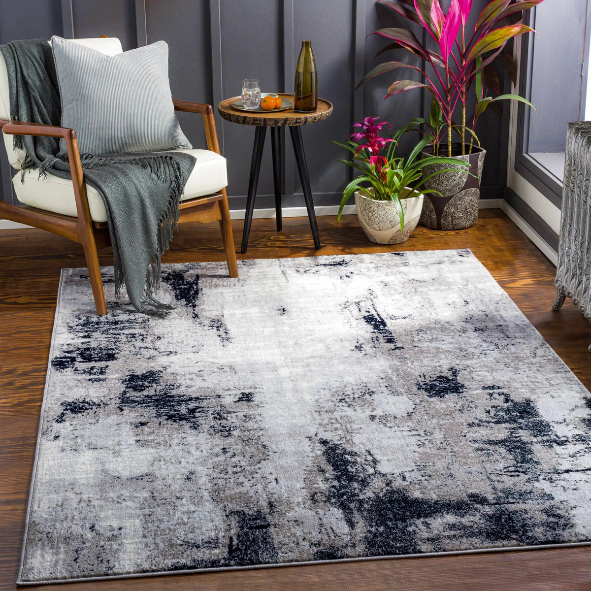 Limao Abstract Denim Area Rug - Clearance, installed in a room