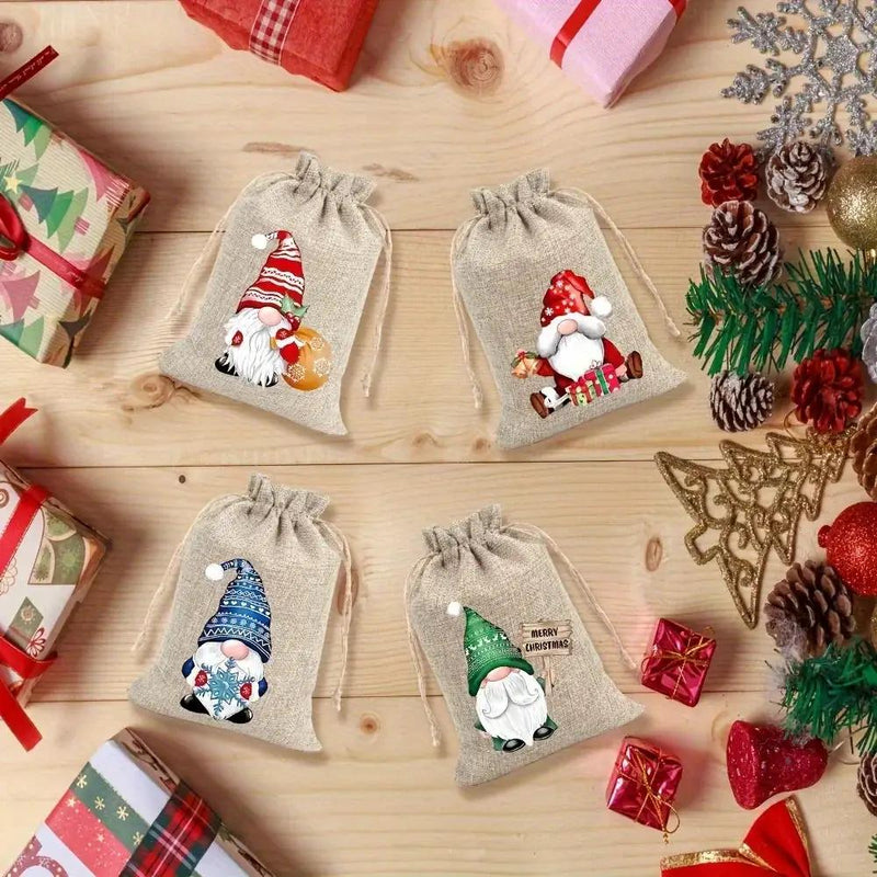 Linen Christmas Gift Bag Set, Santa Claus Drawstring Bags by House Of Avana