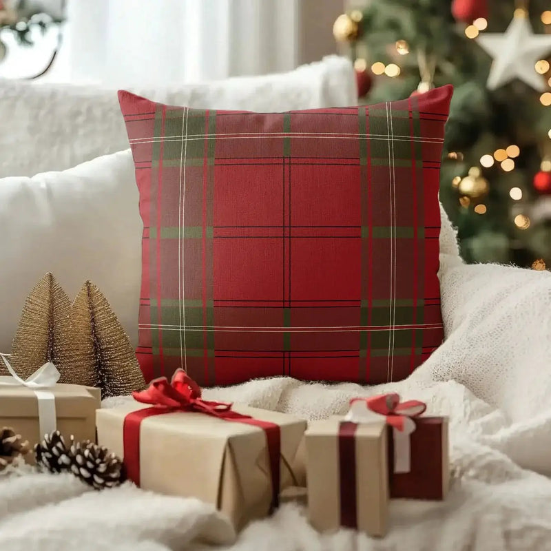 Linen Christmas Pillow Covers, Red Plaid Pattern, 18" x 18" Single-Sided Print by House Of Avana