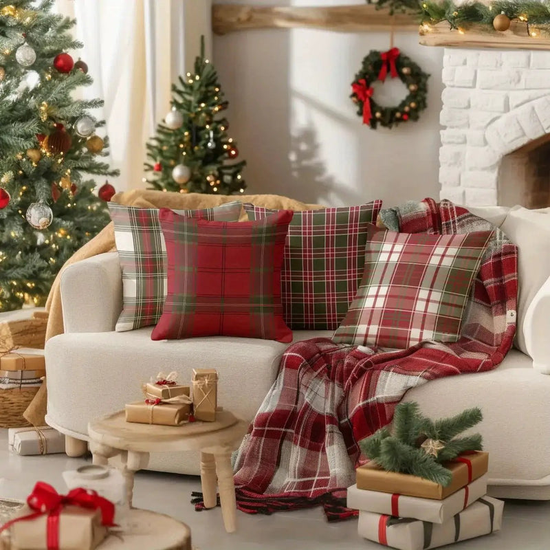 Linen Christmas Pillow Covers, Red Plaid Pattern, 18" x 18" Single-Sided Print by House Of Avana