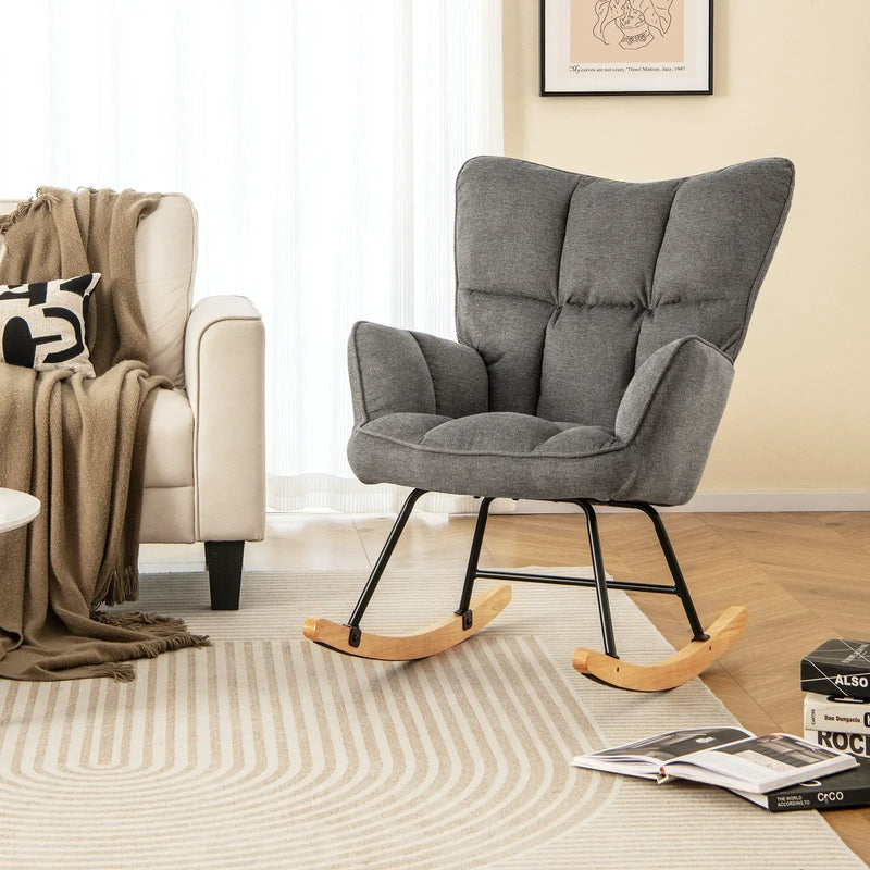 Linen Nursery Rocking Chair with High Backrest and Padded Armrests by DirectDeals
