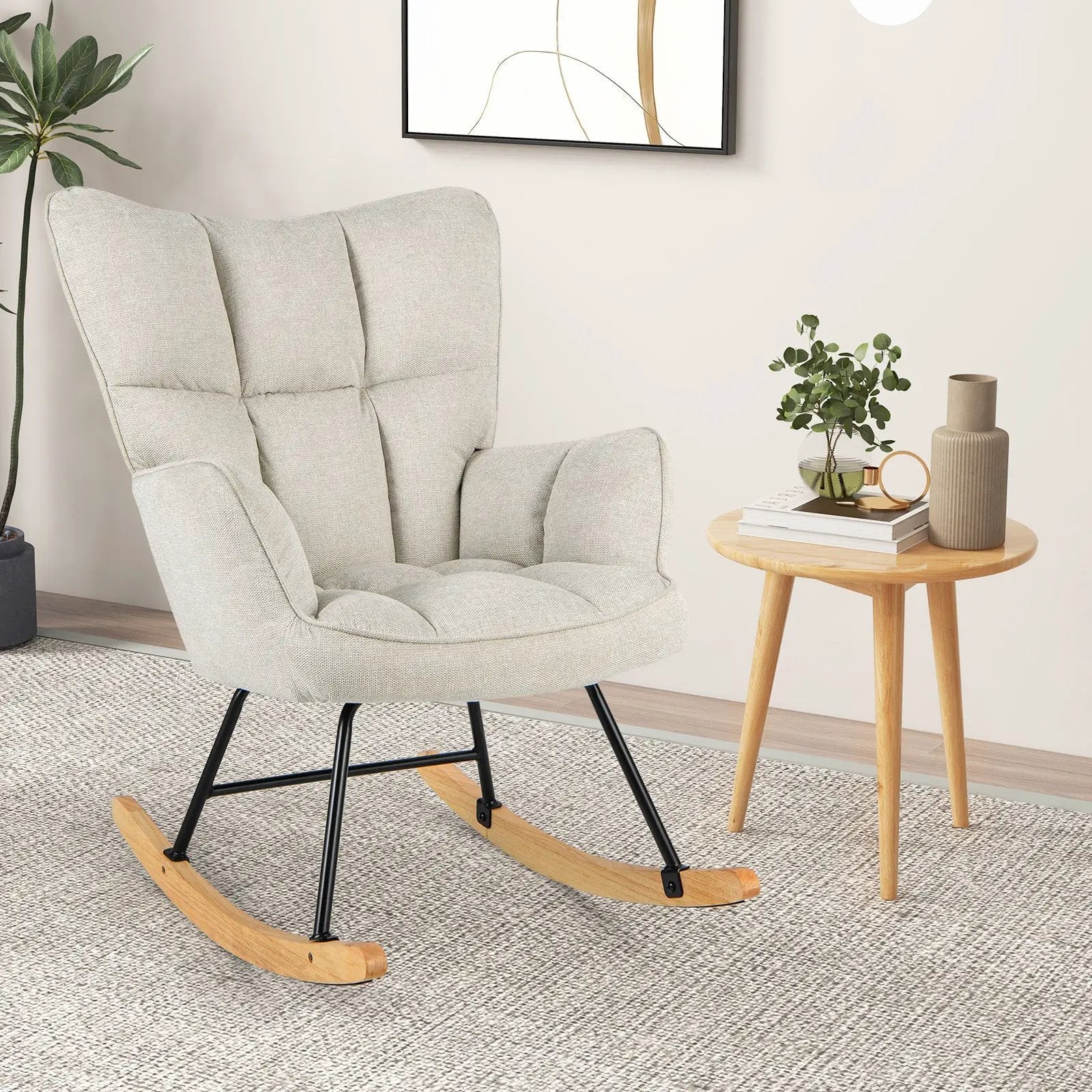 Linen Nursery Rocking Chair with High Backrest and Padded Armrests by DirectDeals