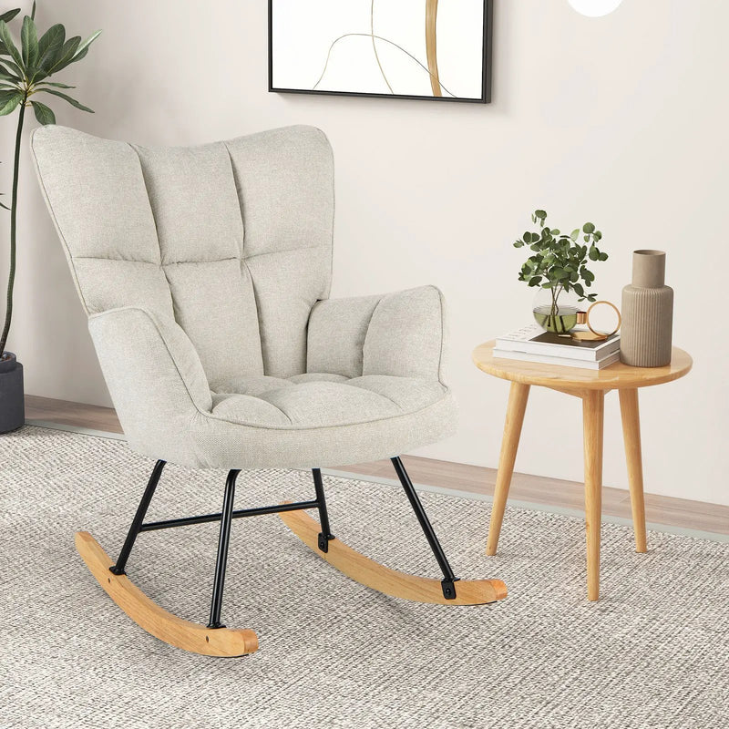 Linen Nursery Rocking Chair with High Backrest and Padded Armrests by DirectDeals