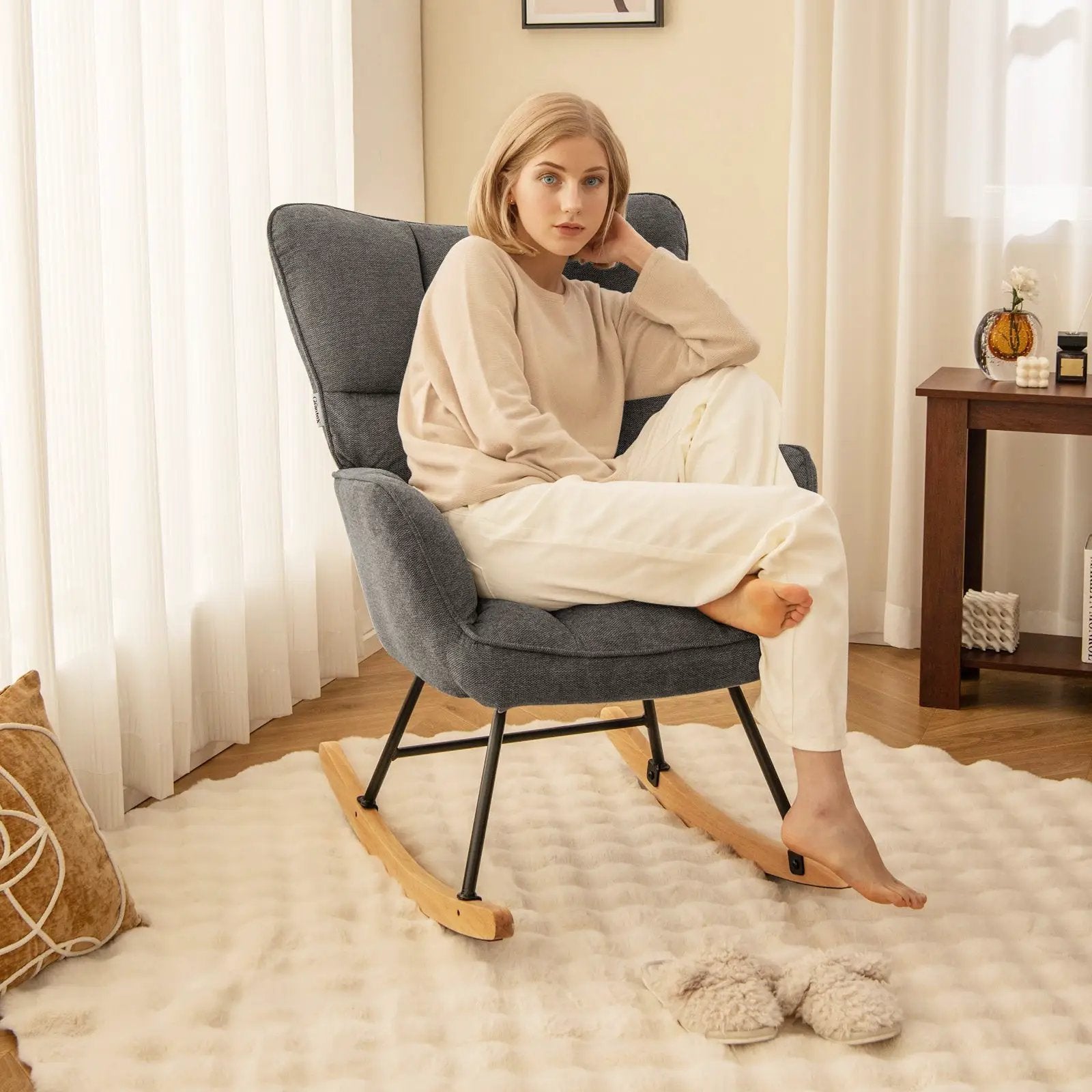 Linen Nursery Rocking Chair with High Backrest and Padded Armrests by DirectDeals