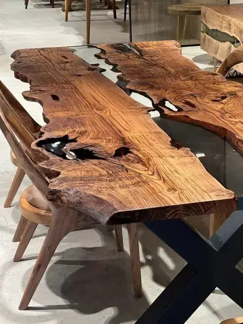 Live Edge, Epoxy Resin River Dining Room Table Made Of Chestnut Wood, photo 9 of 11