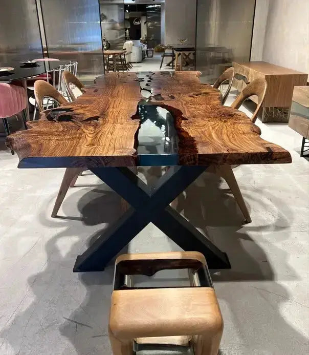 Live Edge, Epoxy Resin River Dining Room Table Made Of Chestnut Wood, photo 10 of 11