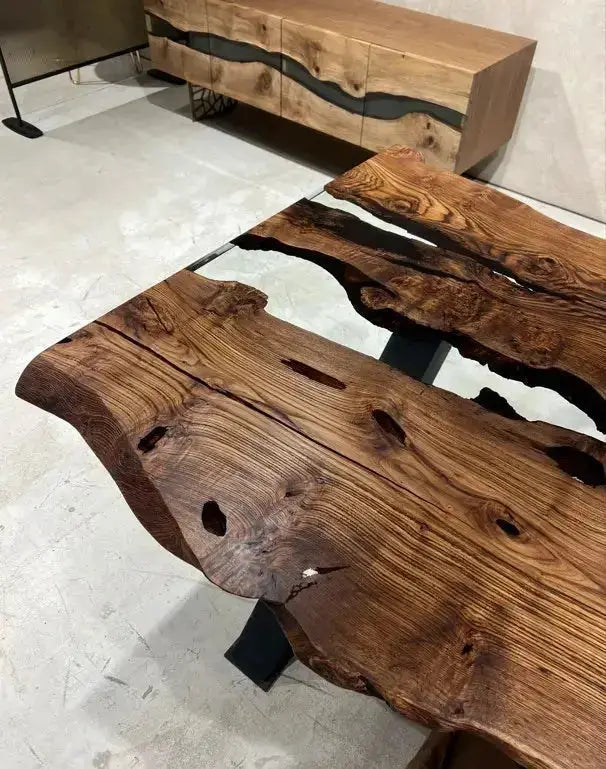 Live Edge, Epoxy Resin River Dining Room Table Made Of Chestnut Wood, photo 11 of 11