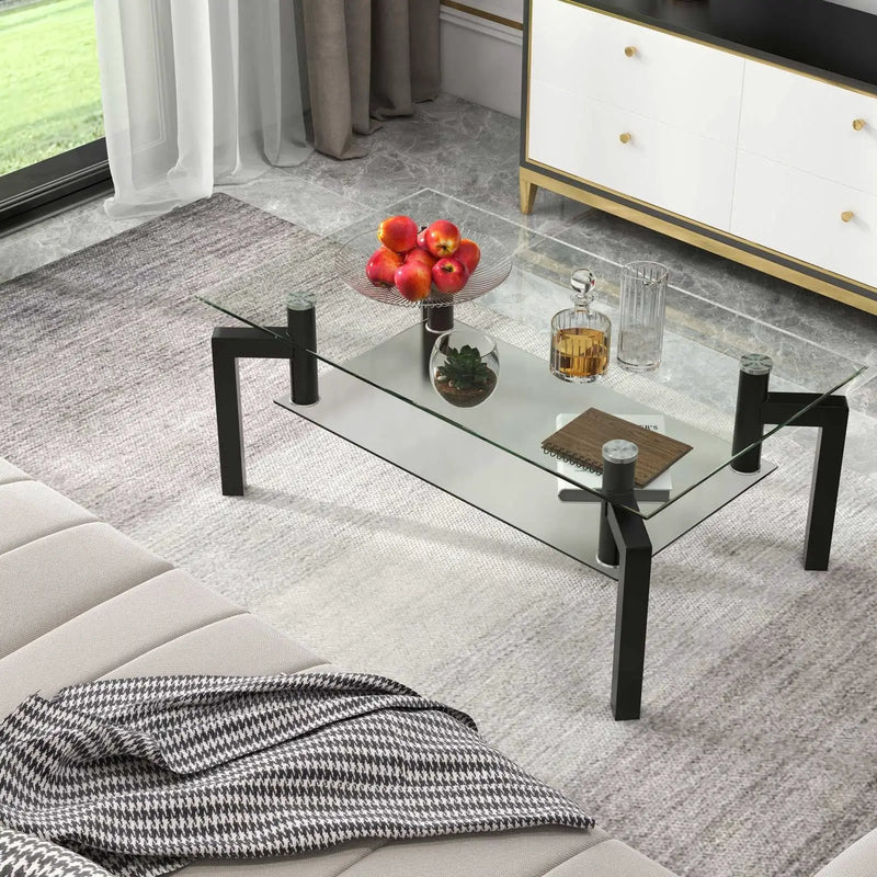 2-Tier Rectangular Glass Coffee Table with Metal Tube Legs-Black by DirectDeals