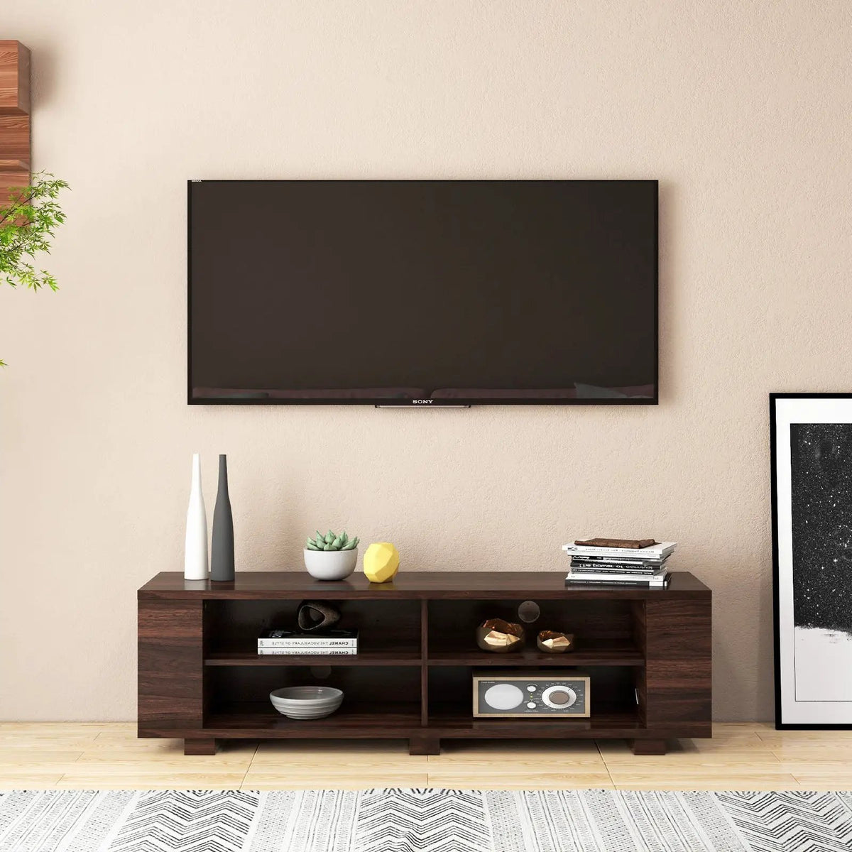 59 Inch Console Storage Entertainment Media Wood TV Stand-Walnut, photo 2 of 14