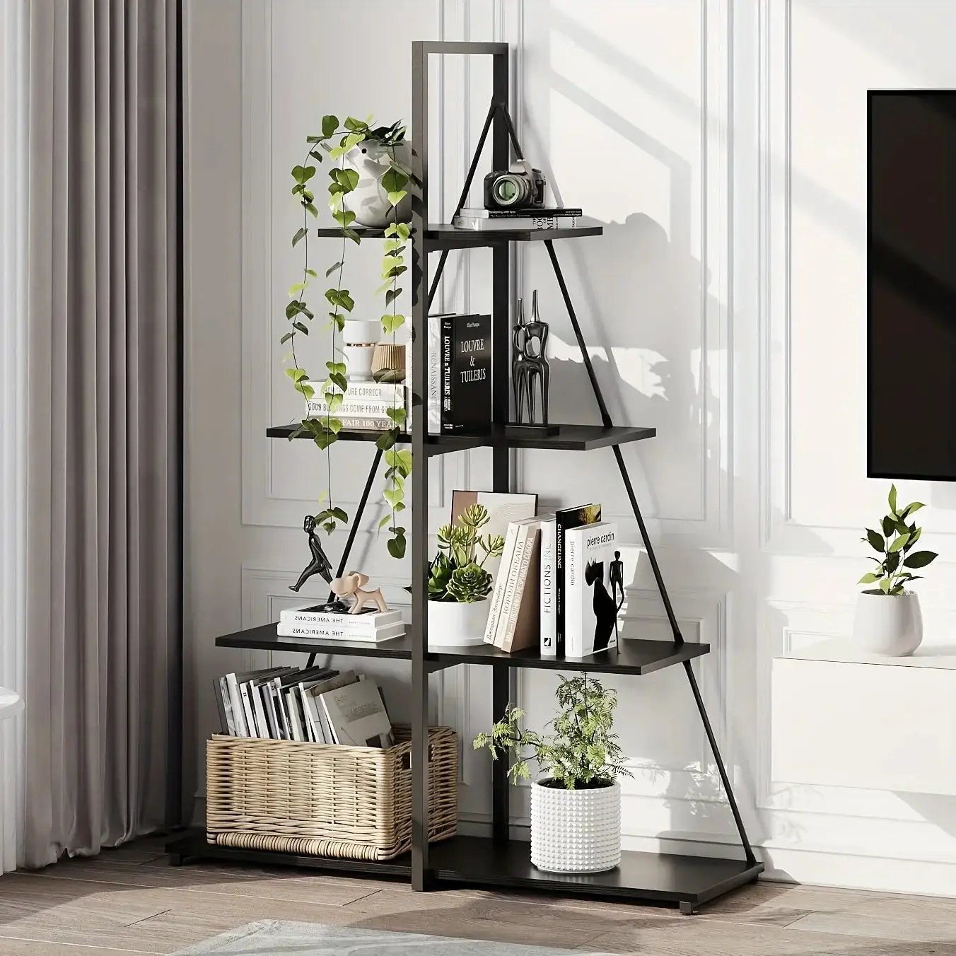 LIZHOUMIL 4-Tier Modern Boat-Shaped Bookshelf - Space-Saving Narrow Wooden & Metal Storage Shelf Organizer with Sturdy PB Board, Black Home Decor for Living Room, Bedroom, Office, Bookshelf Furniture, Bedroom Bookshelf, Conte by House Of Avana