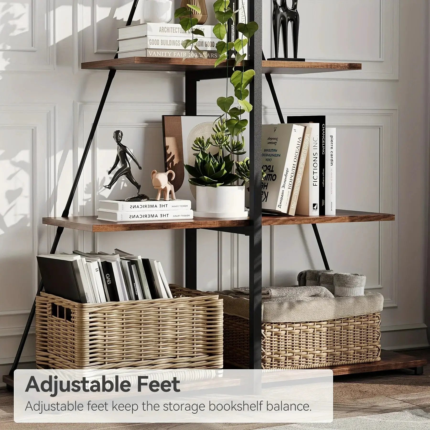 LIZHOUMIL 4-Tier Modern Boat-Shaped Bookshelf - Space-Saving Narrow Wooden & Metal Storage Shelf Organizer with Sturdy PB Board, Black Home Decor for Living Room, Bedroom, Office, Bookshelf Furniture, Bedroom Bookshelf, Conte by House Of Avana