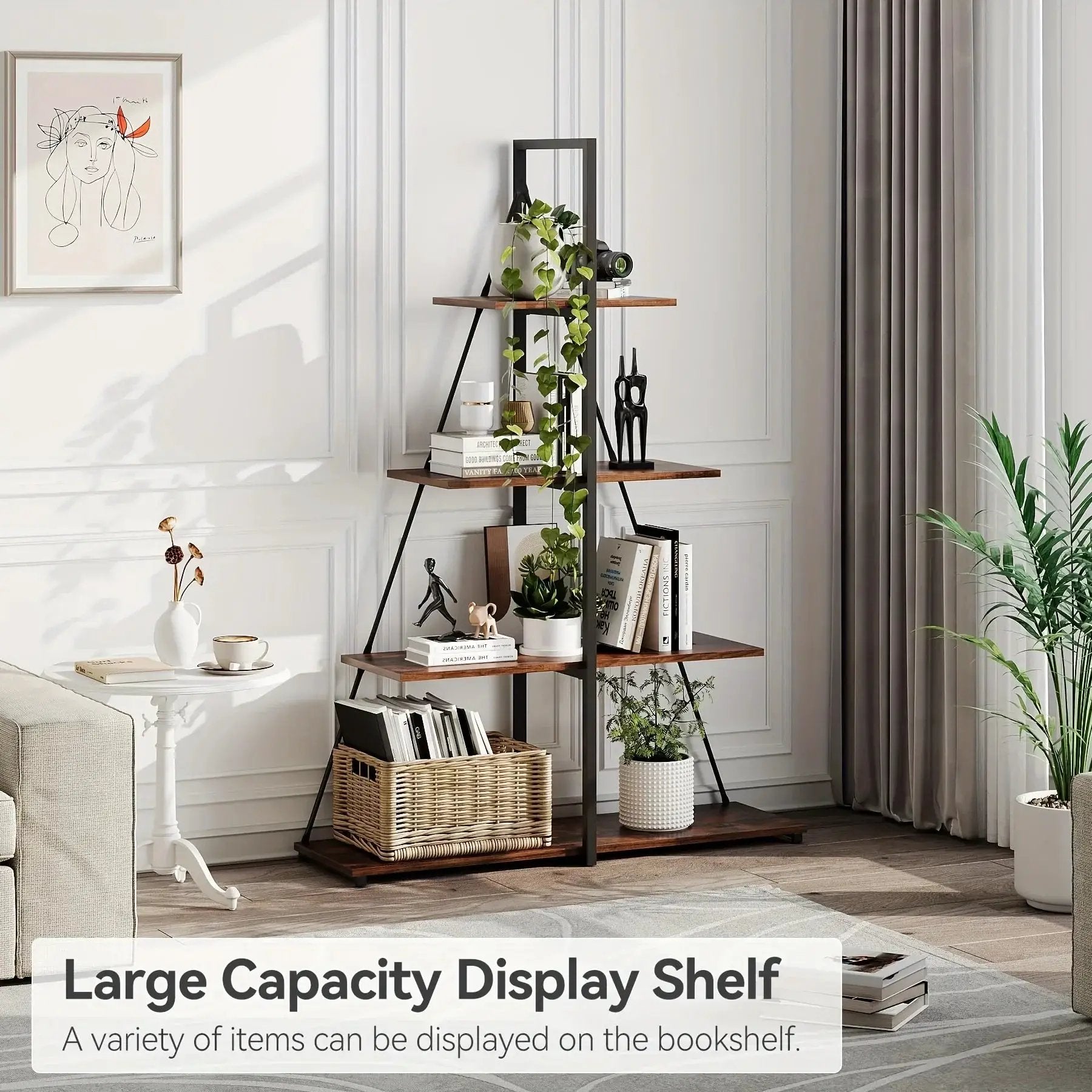LIZHOUMIL 4-Tier Modern Boat-Shaped Bookshelf - Space-Saving Narrow Wooden & Metal Storage Shelf Organizer with Sturdy PB Board, Black Home Decor for Living Room, Bedroom, Office, Bookshelf Furniture, Bedroom Bookshelf, Conte by House Of Avana