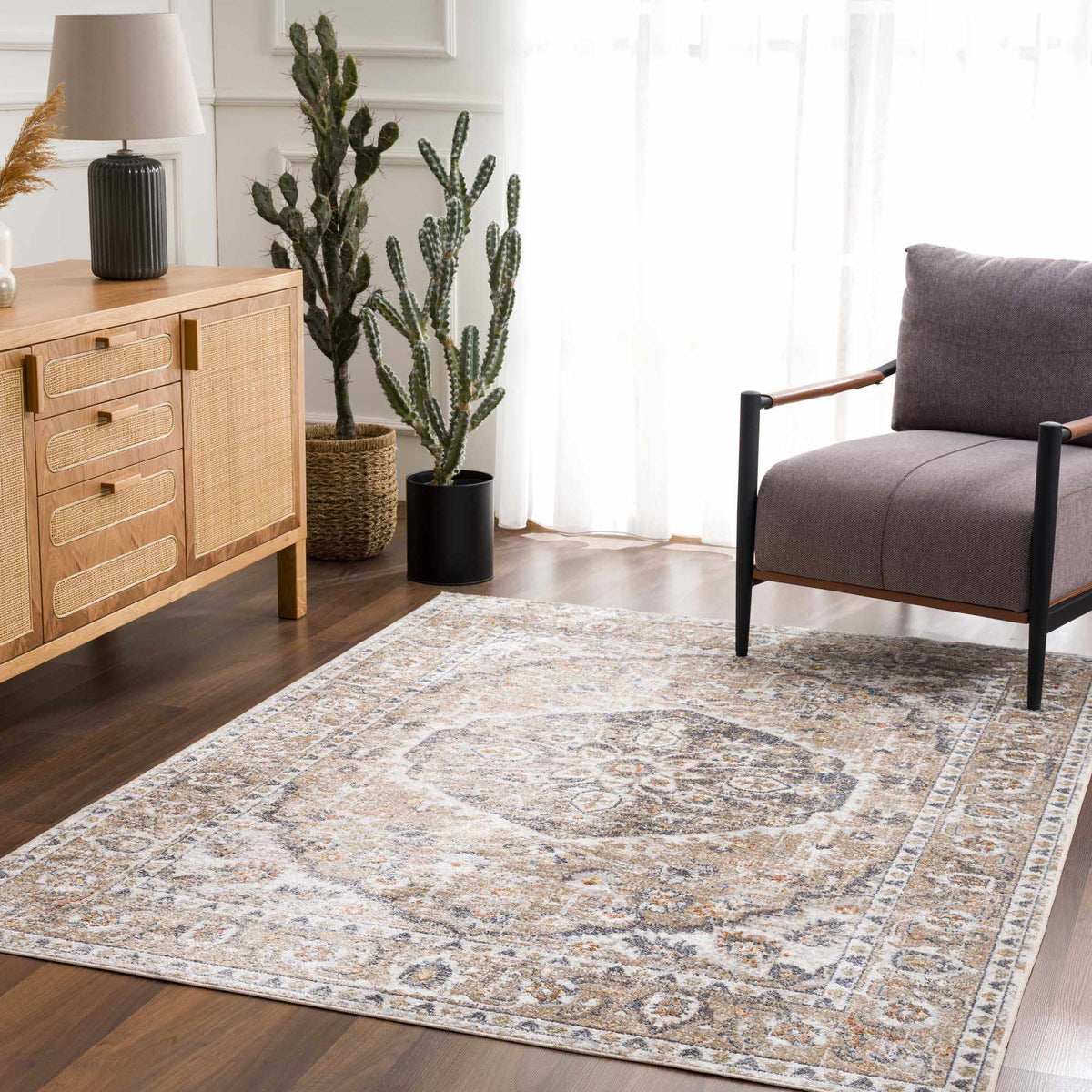 Hiti Beige Flat Pile Washable Rug, installed in a room