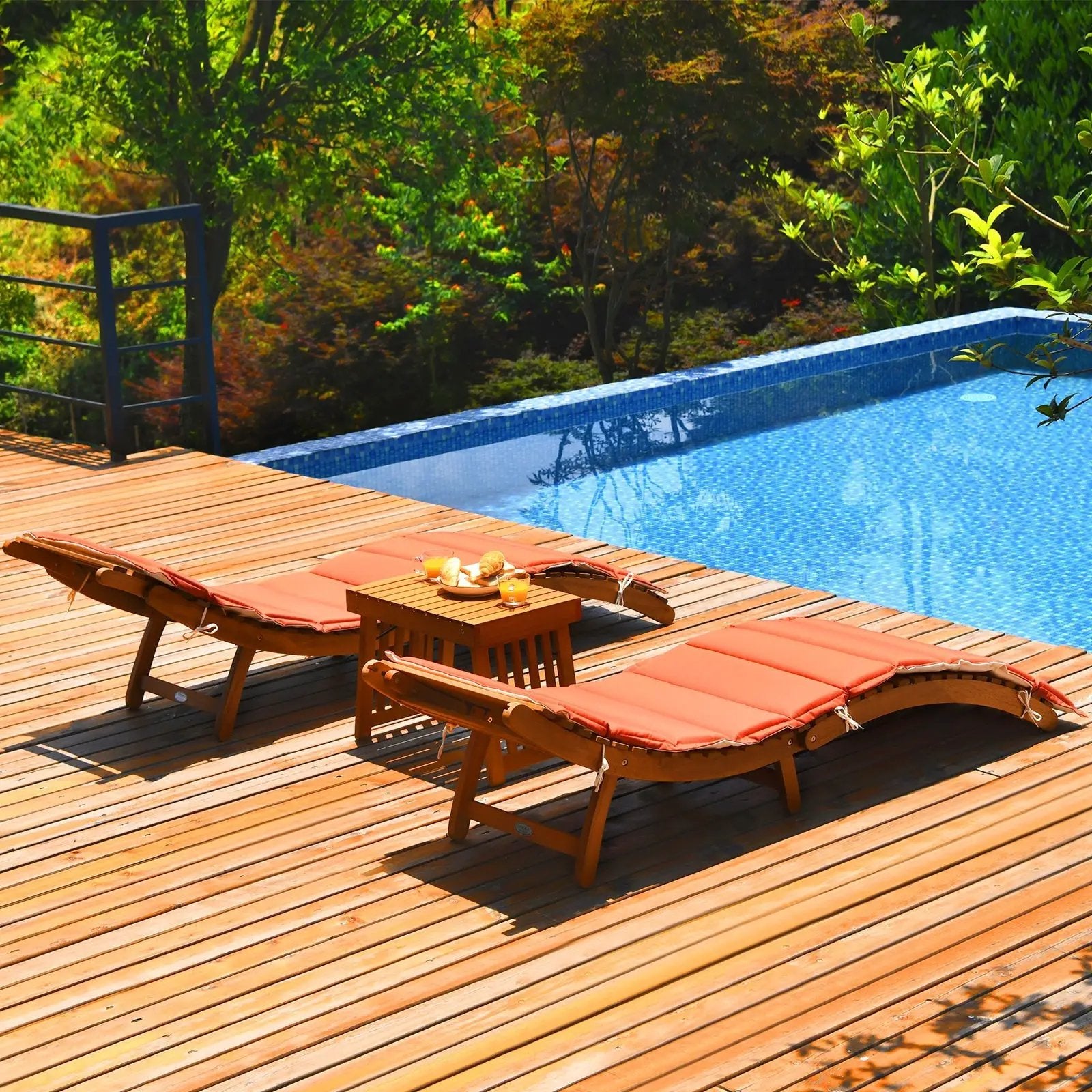 3 Pieces Folding Patio Eucalyptus Wood Lounge Chair Set with Foldable Side Table by DirectDeals