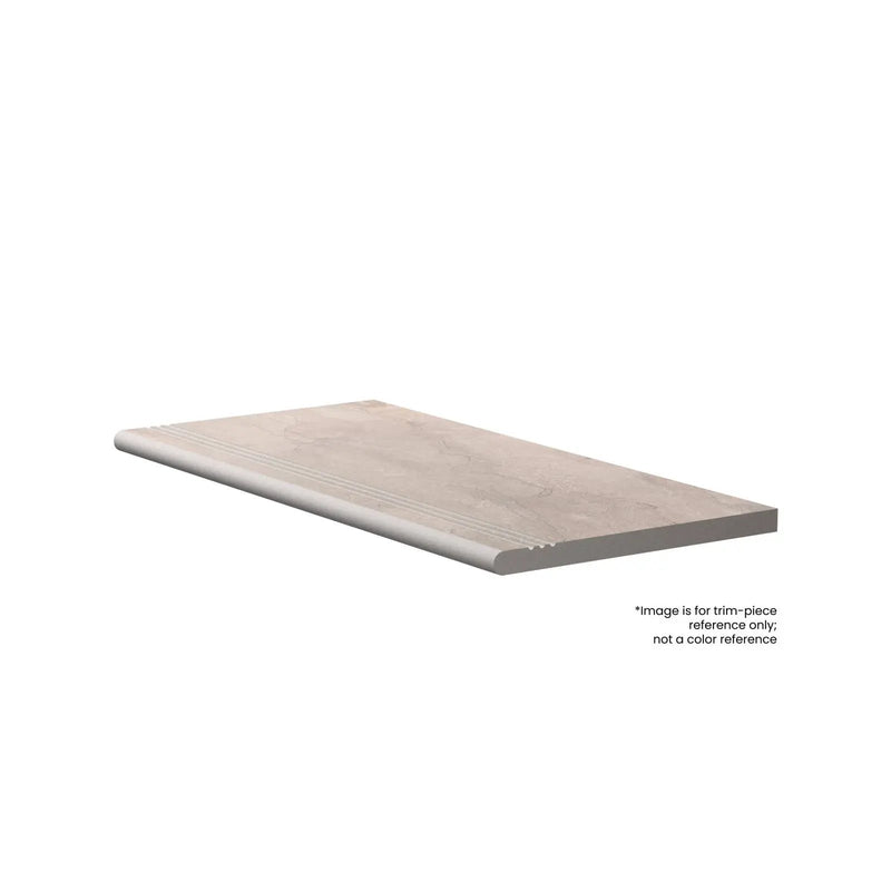 Frontier20 Travertine Cross Cut White Grip Stair Tread Bullnose Look Porcelain Moldings 12x48 by landmarkceramics