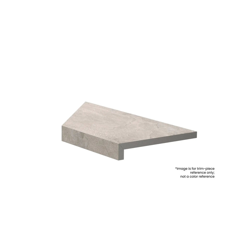 Frontier20 Travertine Select Cross Cut Pearl L Shape Mitered Edge Corner Right Look Porcelain Moldings 12x24 by landmarkceramics