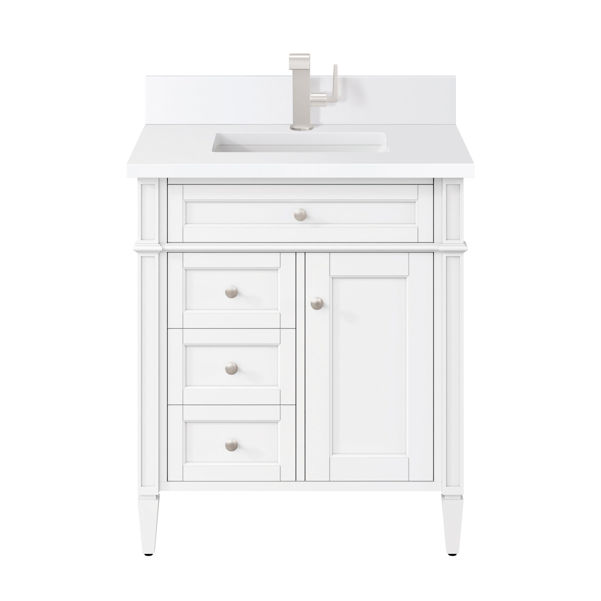 James Martin Brittany 30" Single Bathroom Vanity, Bright White with White Zeus (Single Hole, with Backsplash) countertop