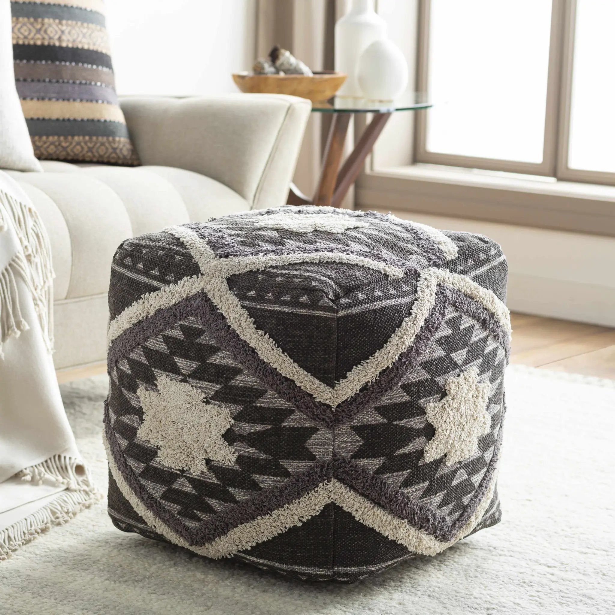 Almondbank Handwoven Beige Cotton Pouf by Boutique Rugs