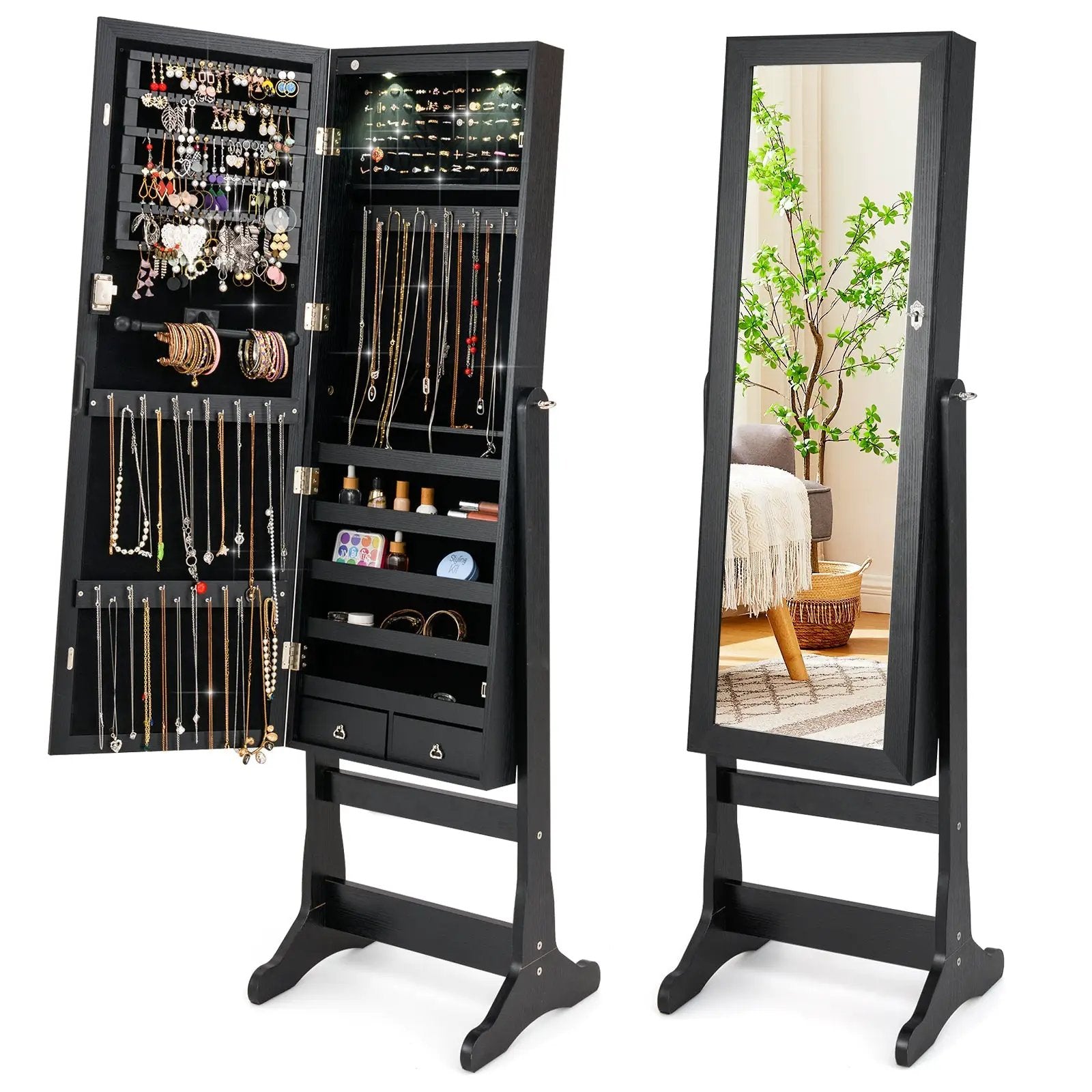 Lockable Freestanding Jewelry Cabinet Armoire with Full-Length Mirror and Lights by DirectDeals