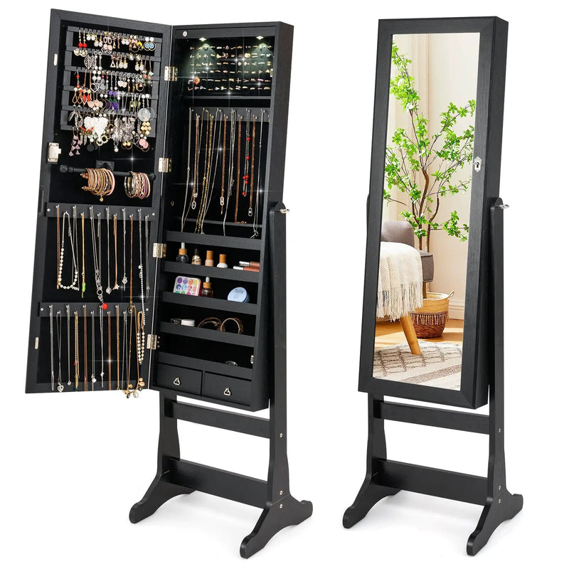 Lockable Freestanding Jewelry Cabinet Armoire with Full-Length Mirror and Lights by DirectDeals