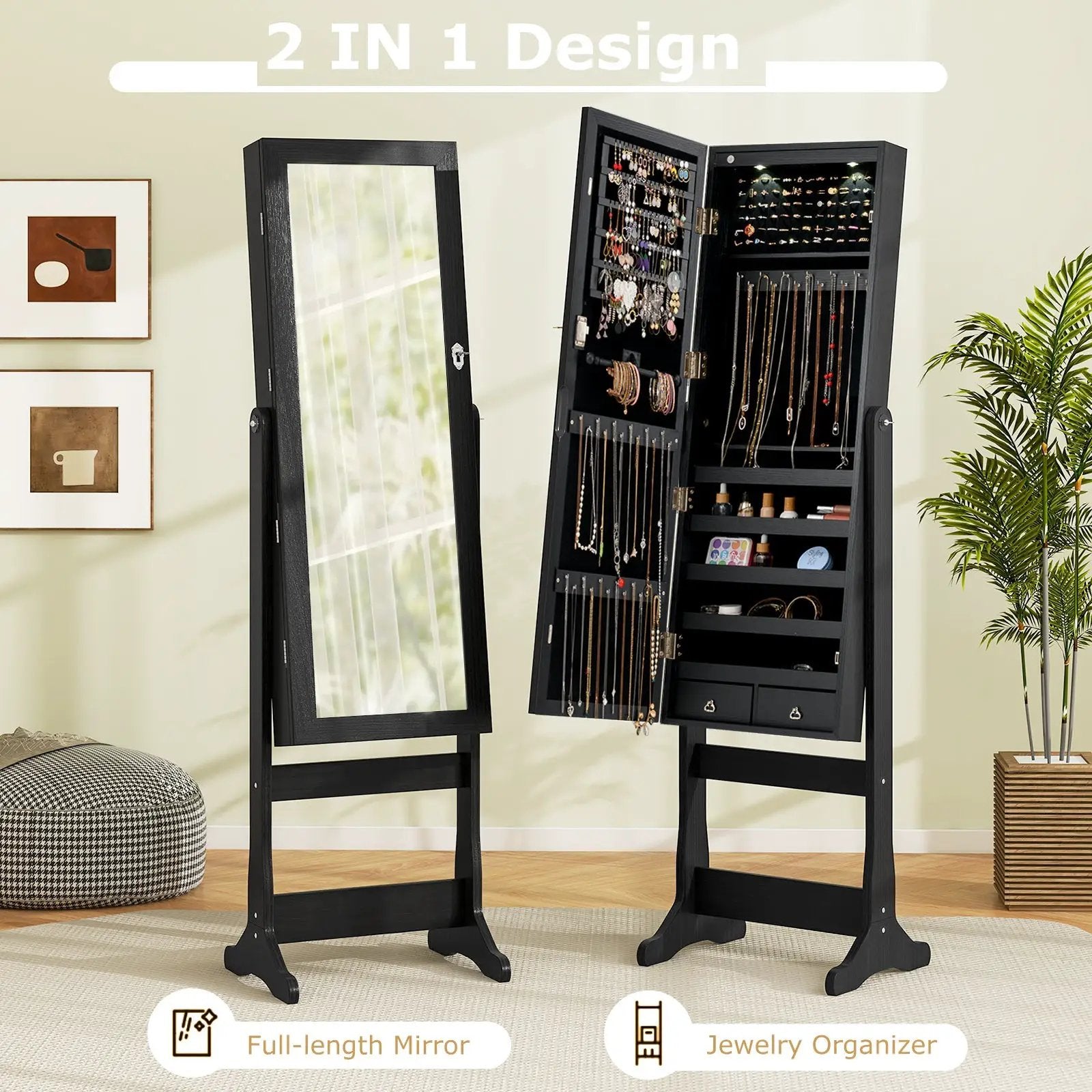 Lockable Freestanding Jewelry Cabinet Armoire with Full-Length Mirror and Lights by DirectDeals