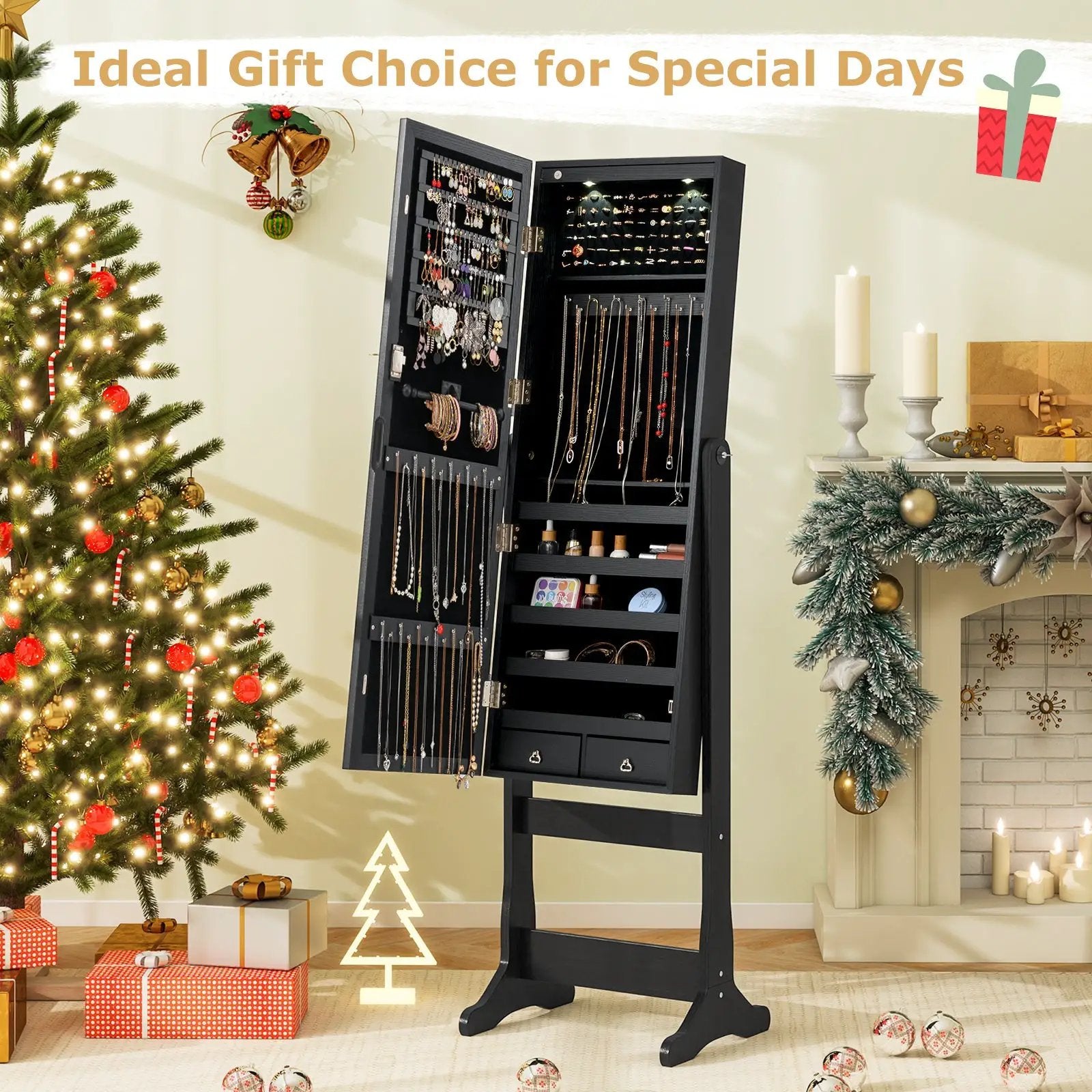 Lockable Freestanding Jewelry Cabinet Armoire with Full-Length Mirror and Lights by DirectDeals