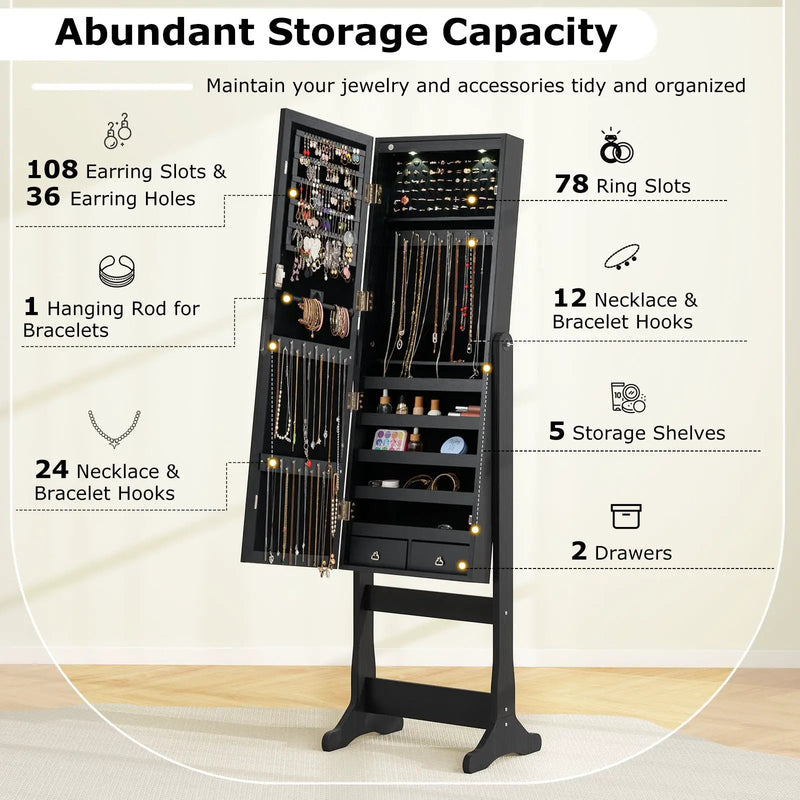Lockable Freestanding Jewelry Cabinet Armoire with Full-Length Mirror and Lights by DirectDeals