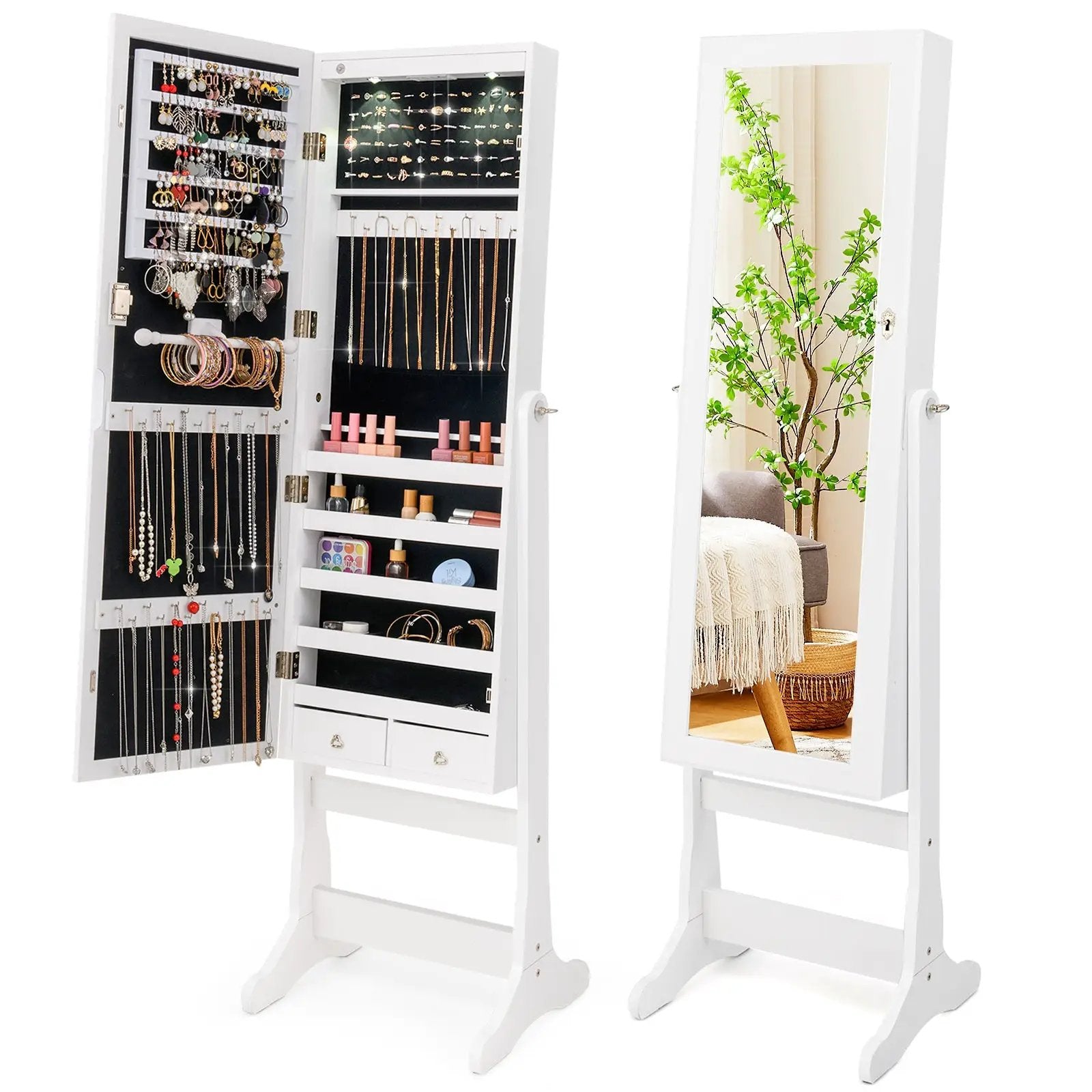 Lockable Freestanding Jewelry Cabinet Armoire with Full-Length Mirror and Lights by DirectDeals