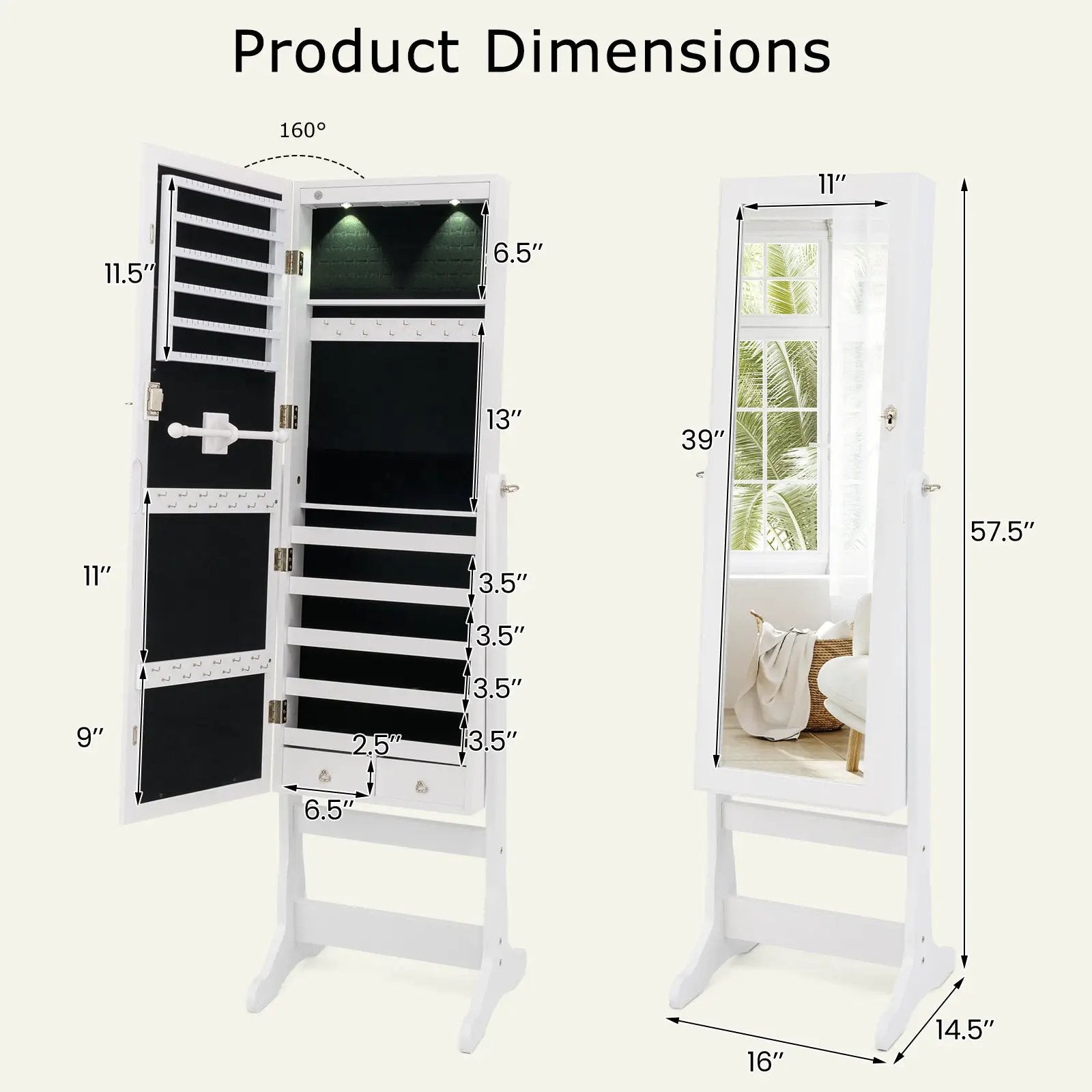 Lockable Freestanding Jewelry Cabinet Armoire with Full-Length Mirror and Lights by DirectDeals