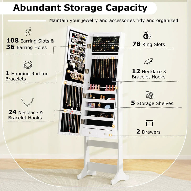 Lockable Freestanding Jewelry Cabinet Armoire with Full-Length Mirror and Lights by DirectDeals