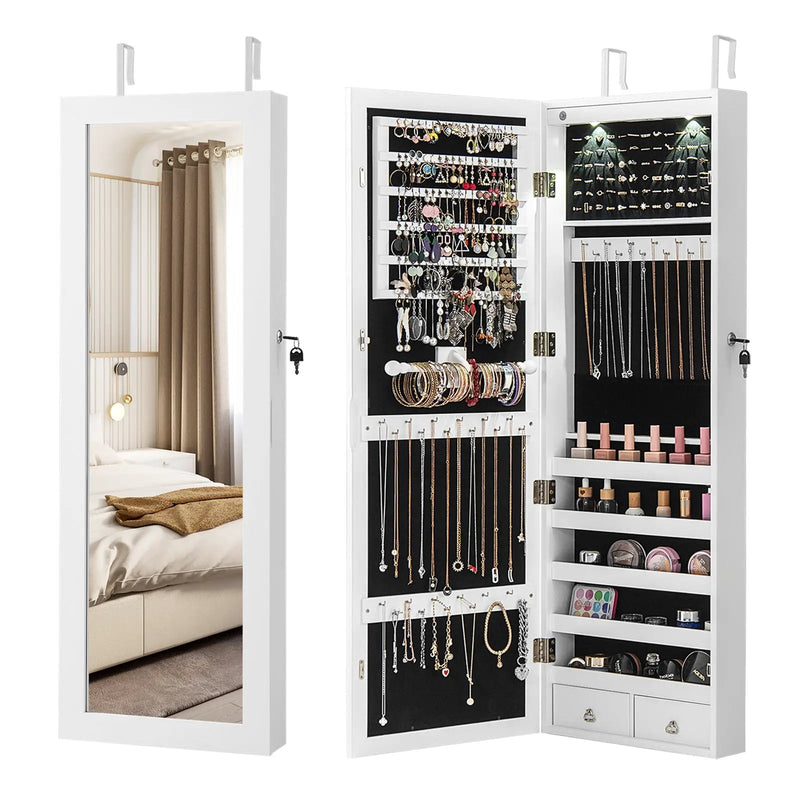 Lockable Wall Mount Mirrored Jewelry Cabinet with LED Lights by DirectDeals