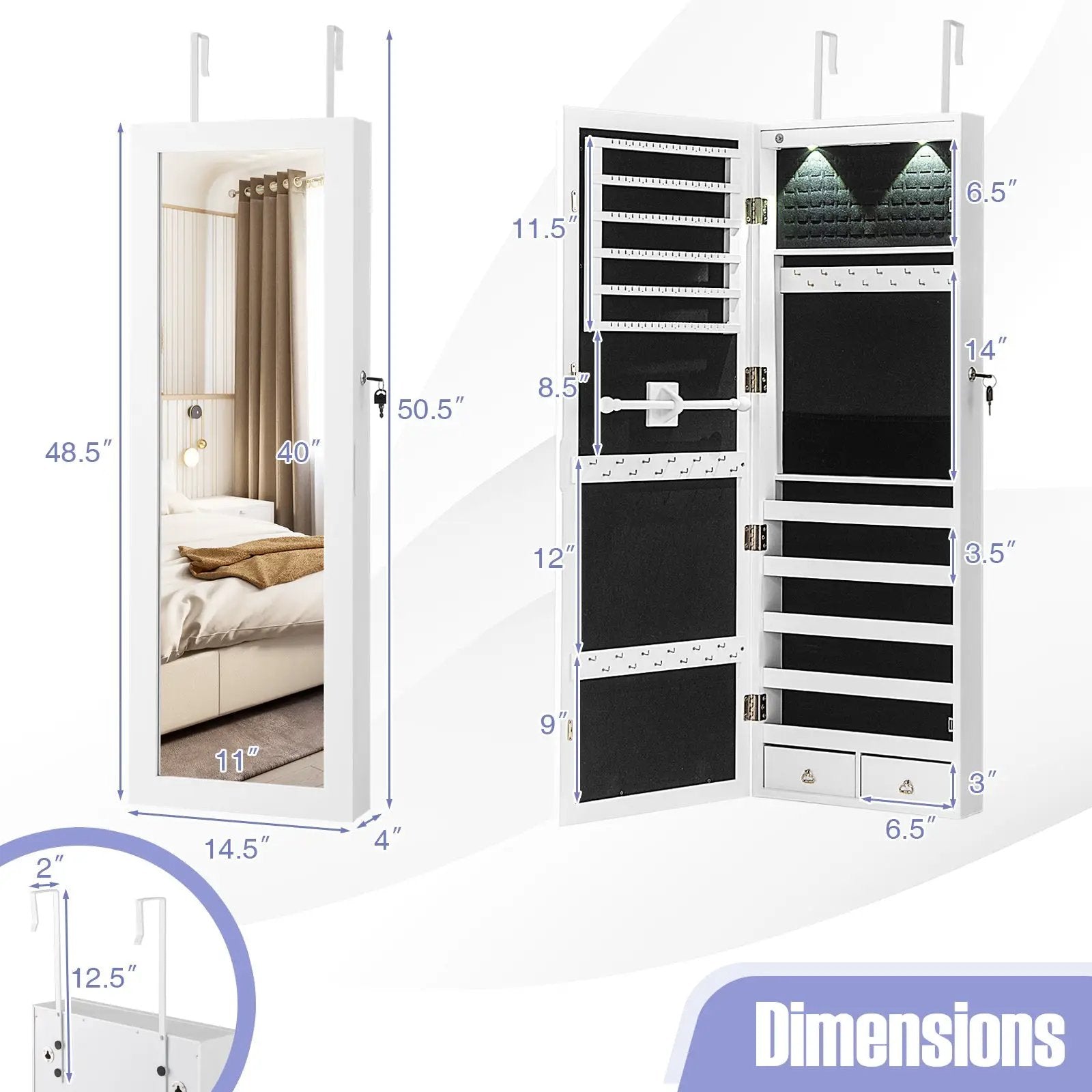 Lockable Wall Mount Mirrored Jewelry Cabinet with LED Lights by DirectDeals