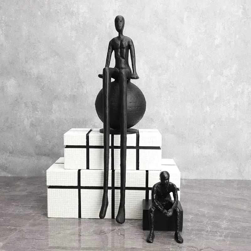 Abstract Long-Legged Thinker Sculpture Modern Matte Black Figurine by House Of Avana