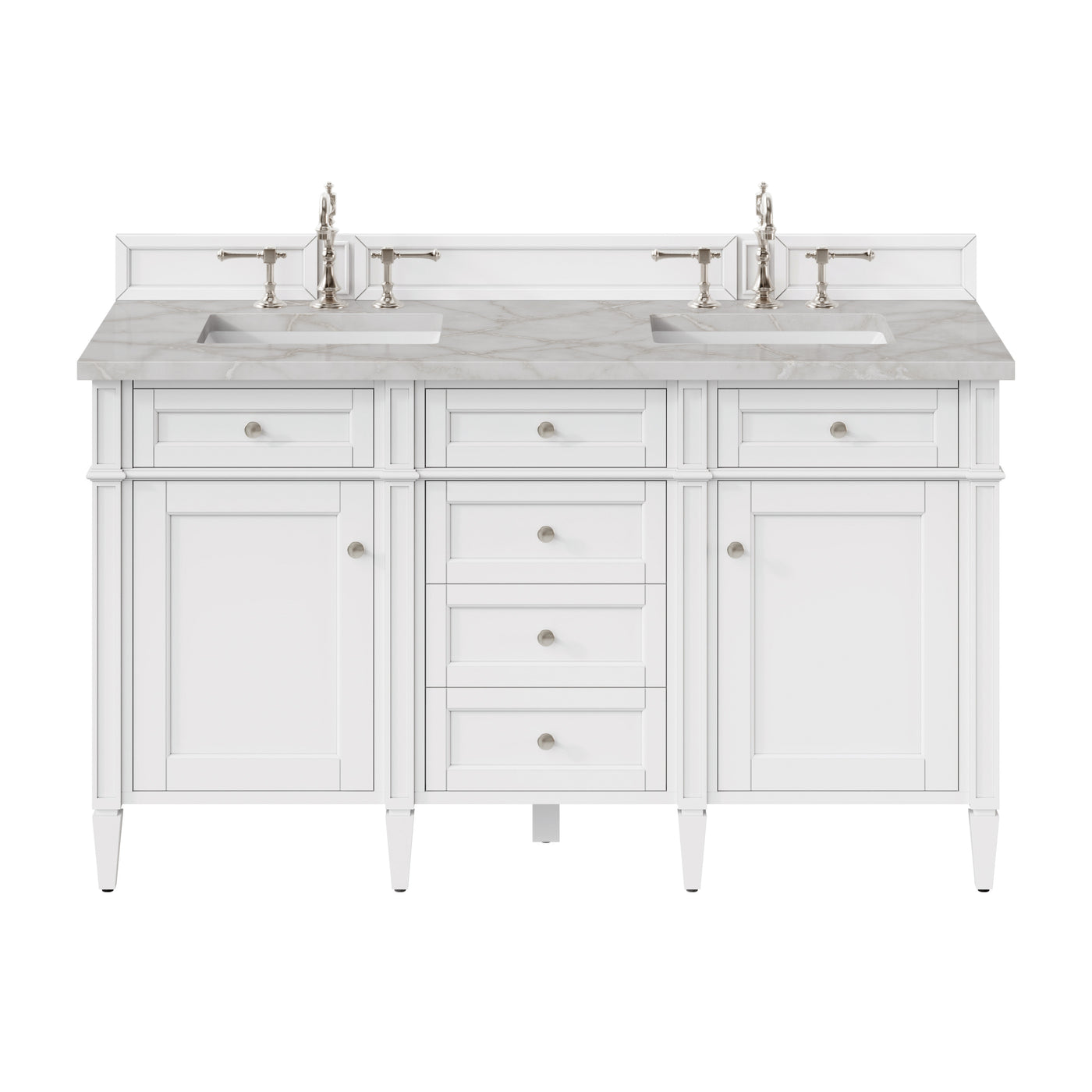 James Martin Brittany 60" Double Bathroom Vanity, Bright White with Victorian Silver (FreePower) countertop