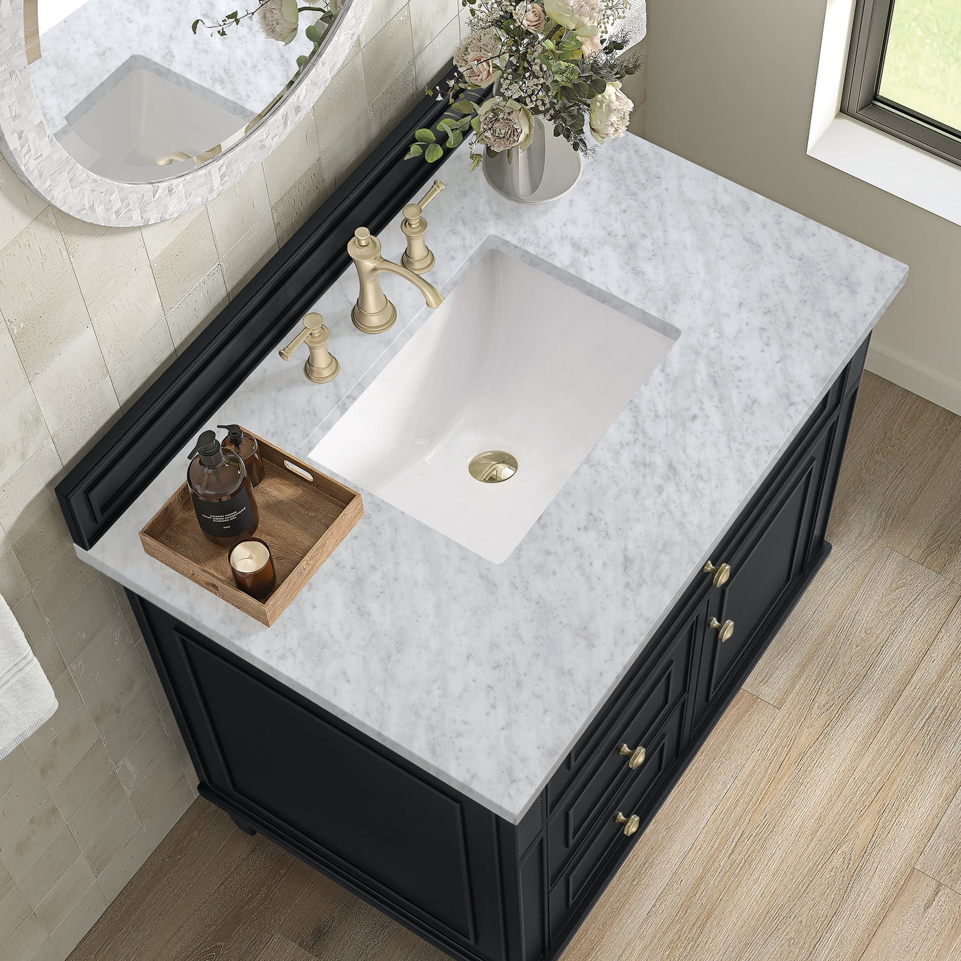 James Martin Lorelai 36" Single Bathroom Vanity, Black Onyx with Carrara White countertop
