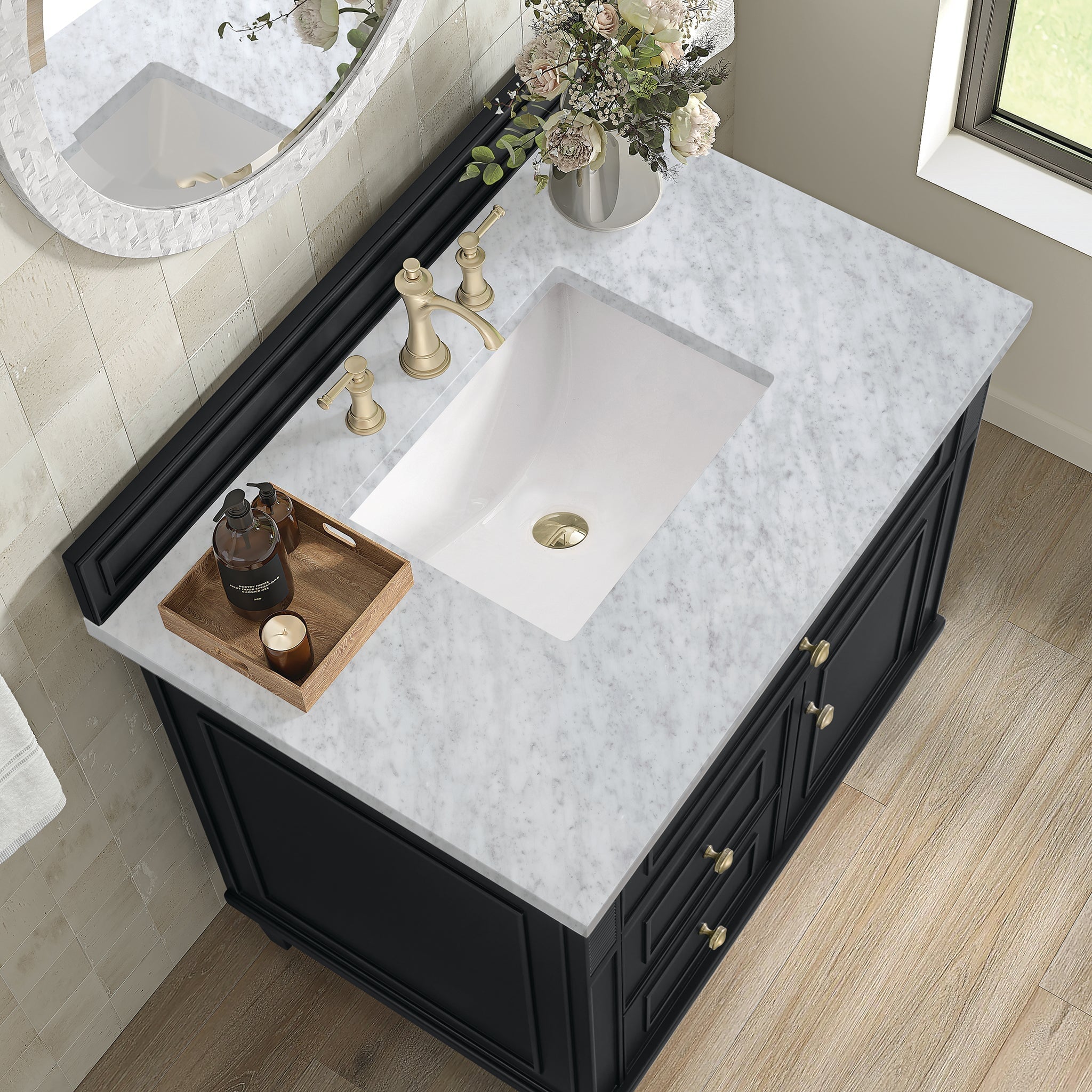 James Martin Lorelai 36" Single Bathroom Vanity, Black Onyx with Carrara White countertop