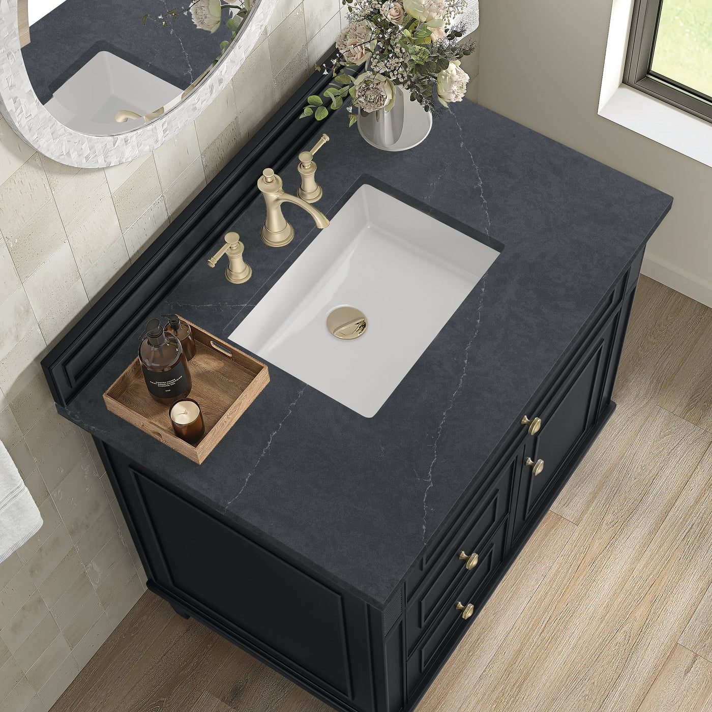 James Martin Lorelai 36" Single Bathroom Vanity, Black Onyx with Charcoal Soapstone countertop