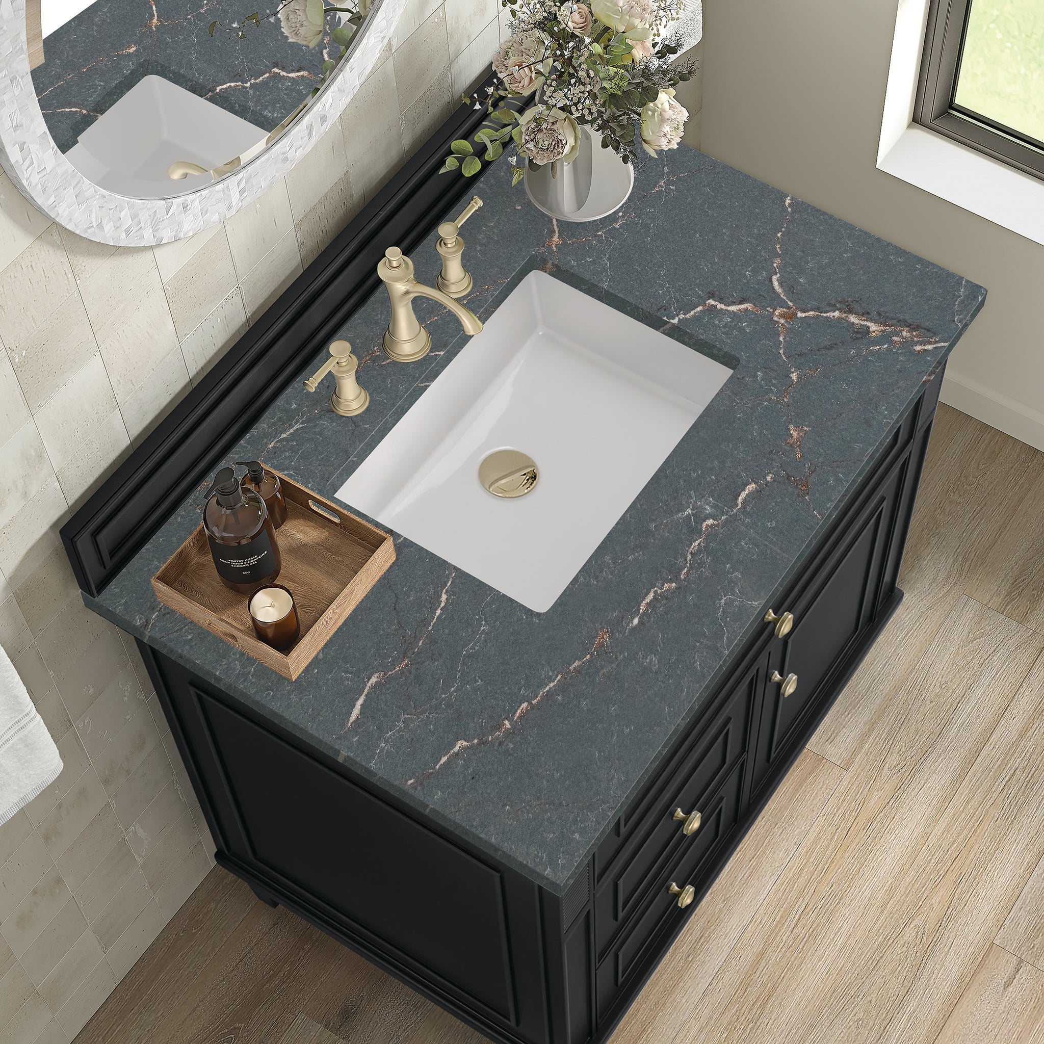 James Martin Lorelai 36" Single Bathroom Vanity, Black Onyx with Parisien Bleu countertop